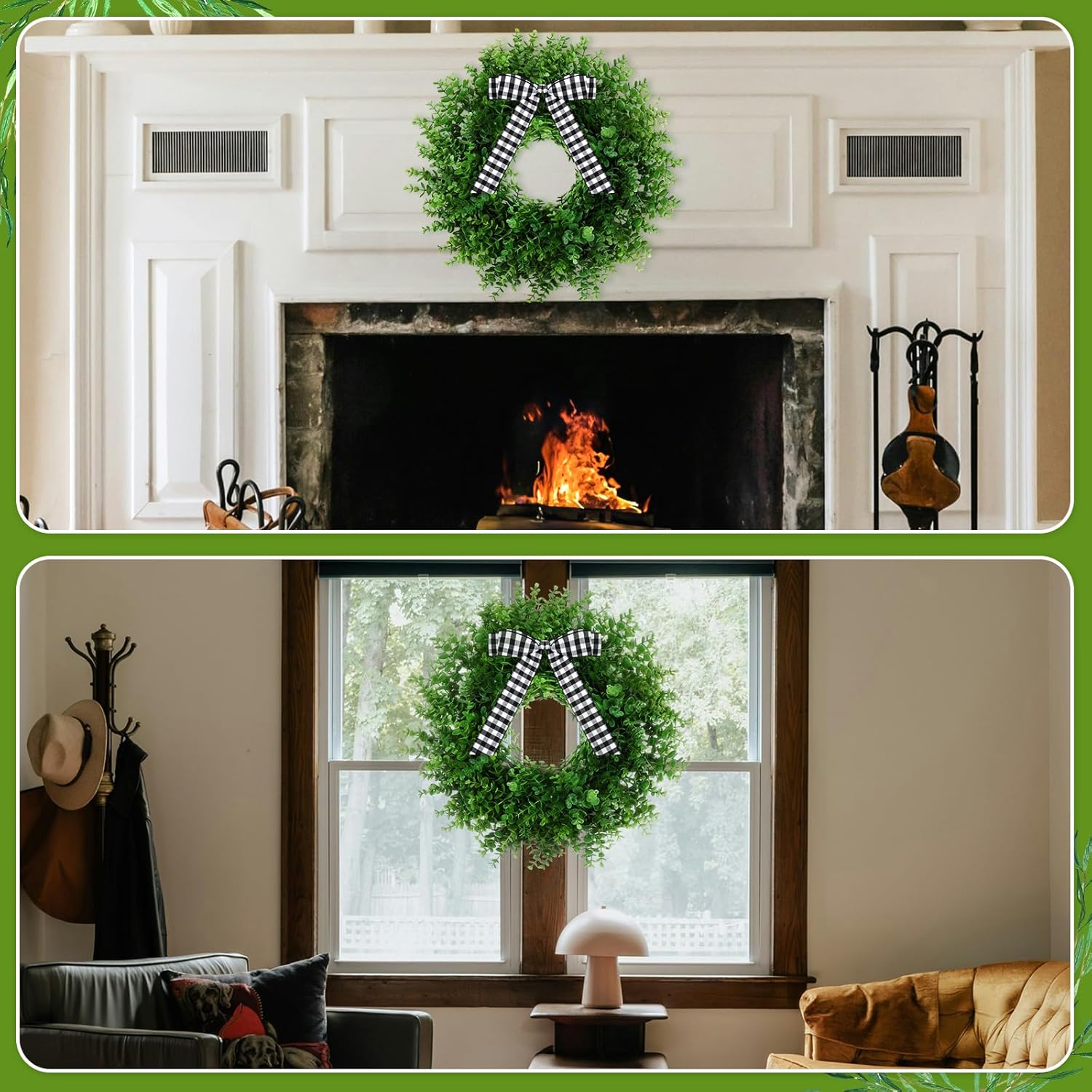Artificial Boxwood Wreath with 3 Plaid Bows 24 Inch