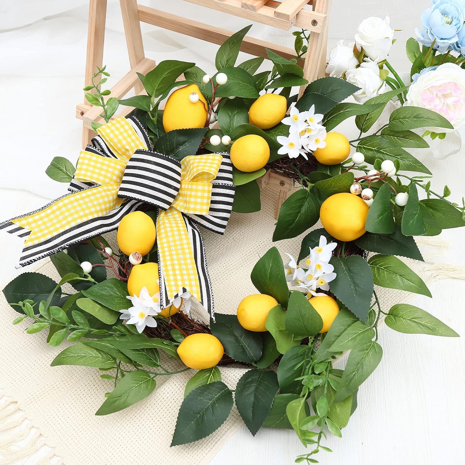 20 Inch Spring Summer Lemon Wreath with Daisy Bow and Eucalyptus