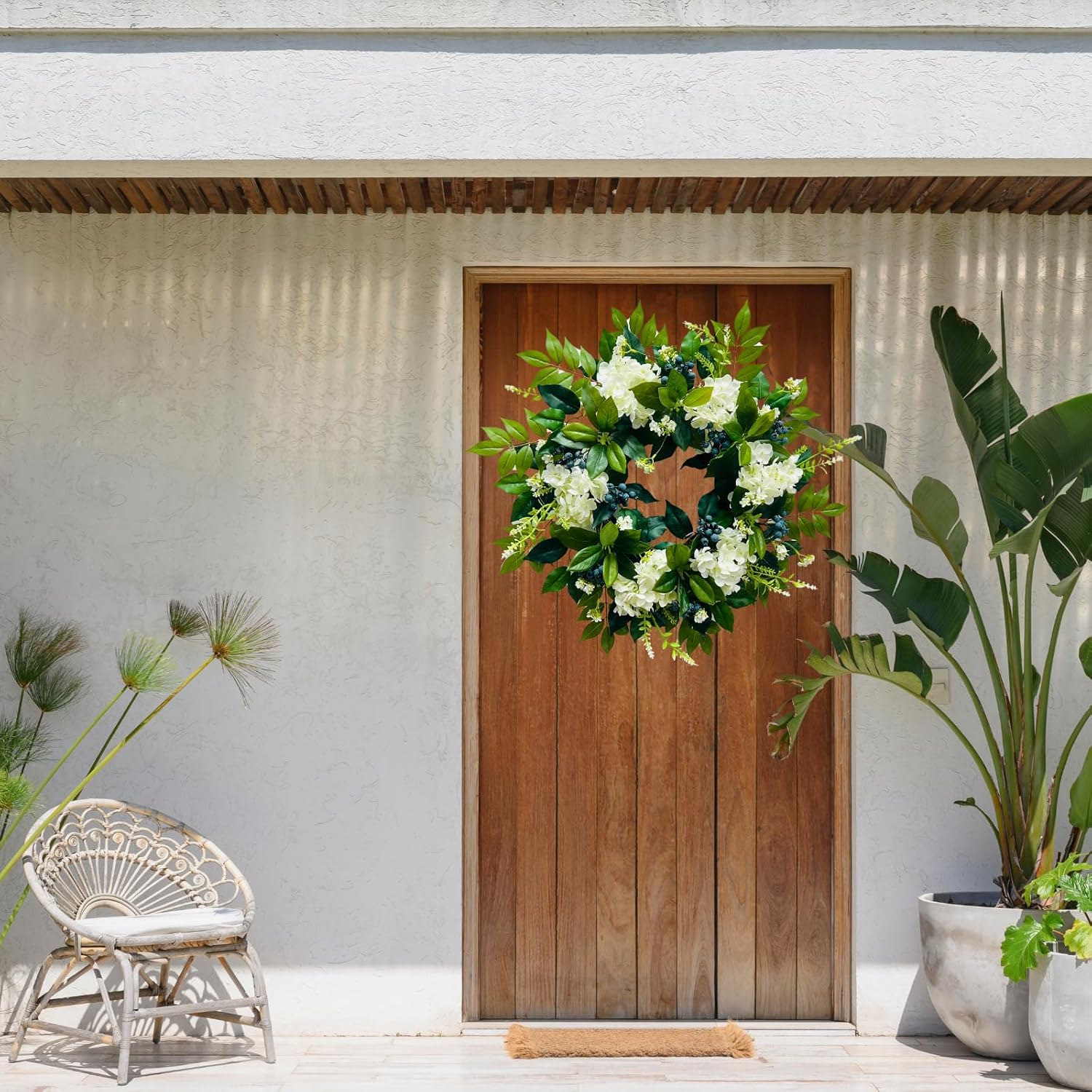 22 Inch Lighted Hydrangea Wreath with Timer for All Seasons