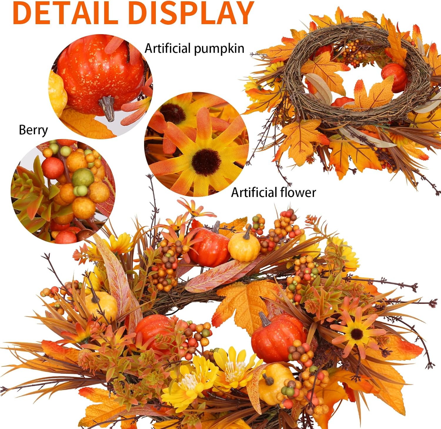 19 Inch Artificial Fall Wreath with Pumpkins and Maple Leaves