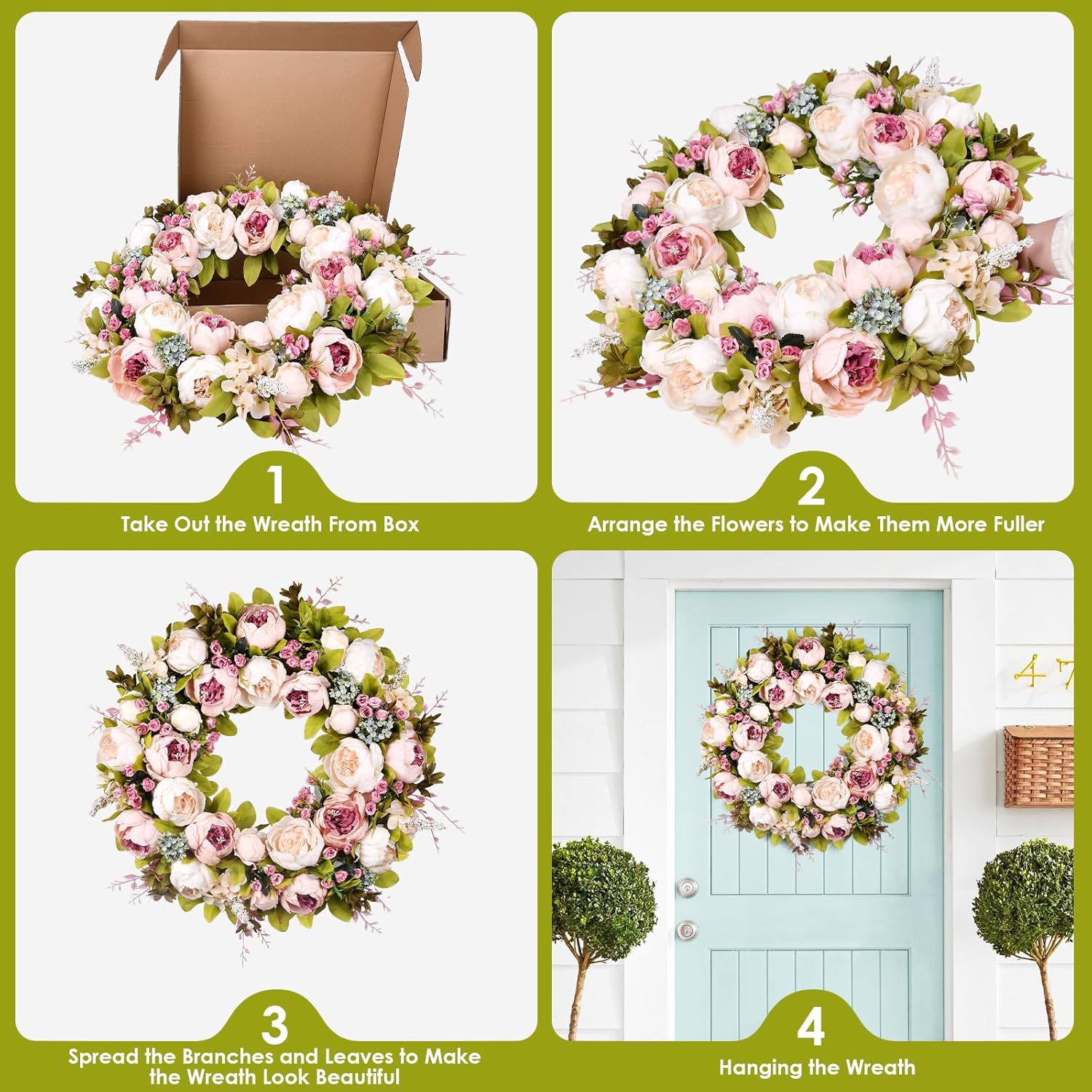 22 Inch Handmade Peony Wreath for Front Door