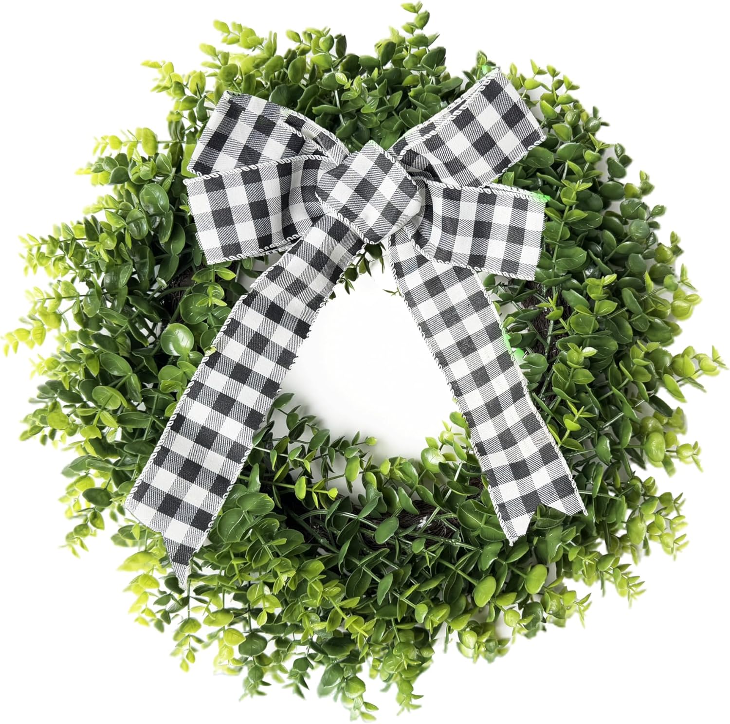 Artificial Green Boxwood Wreath with Buffalo Plaid Bow and LED Lights