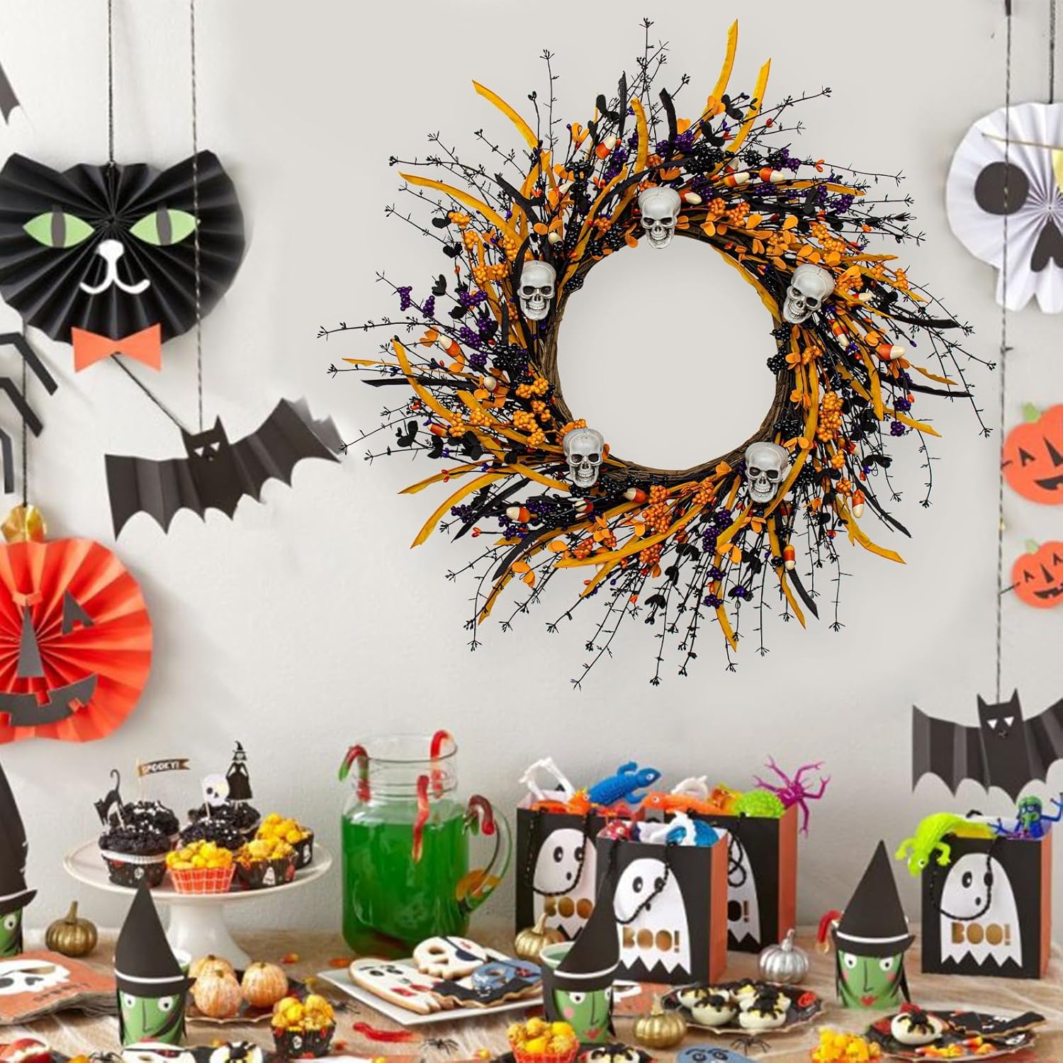 Spooky Halloween Wreath with Skulls and Berries