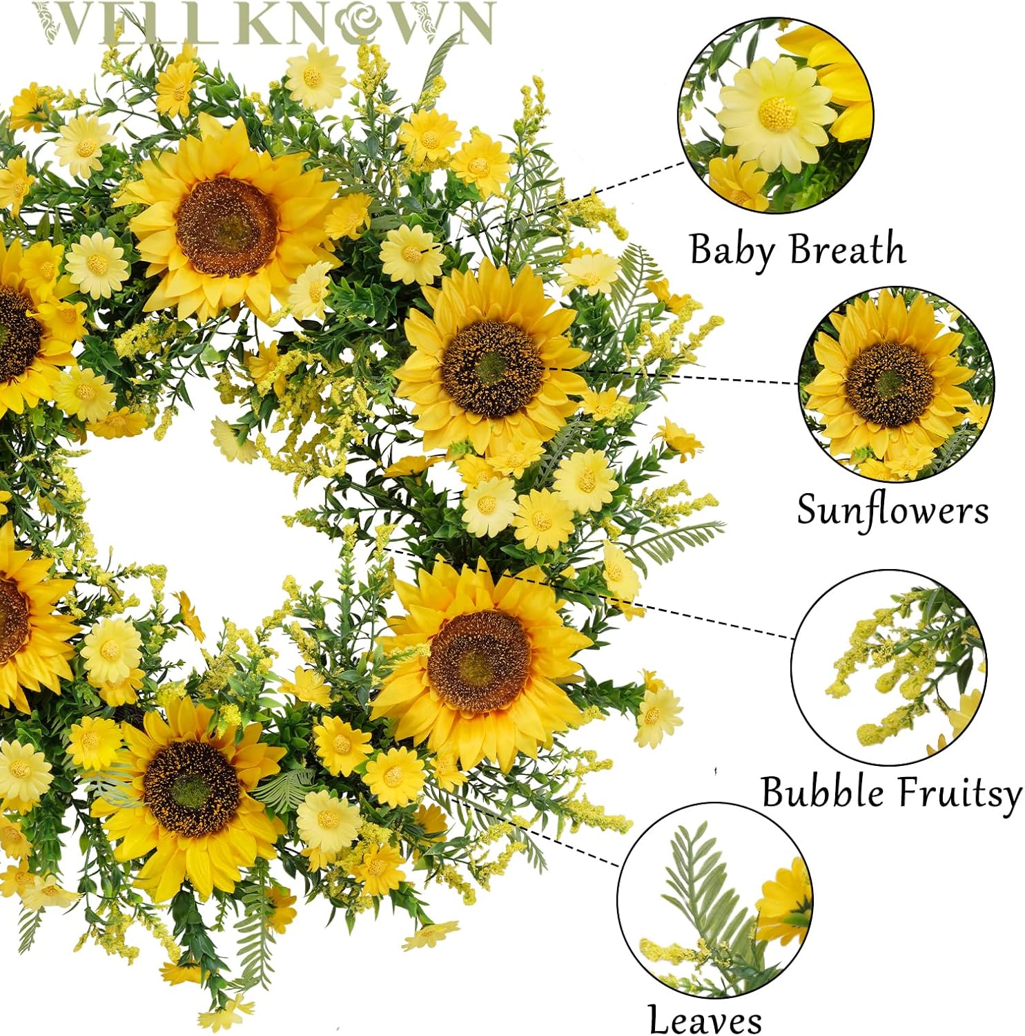 21 Inch Yellow Silk Sunflower Wreath for Front Door