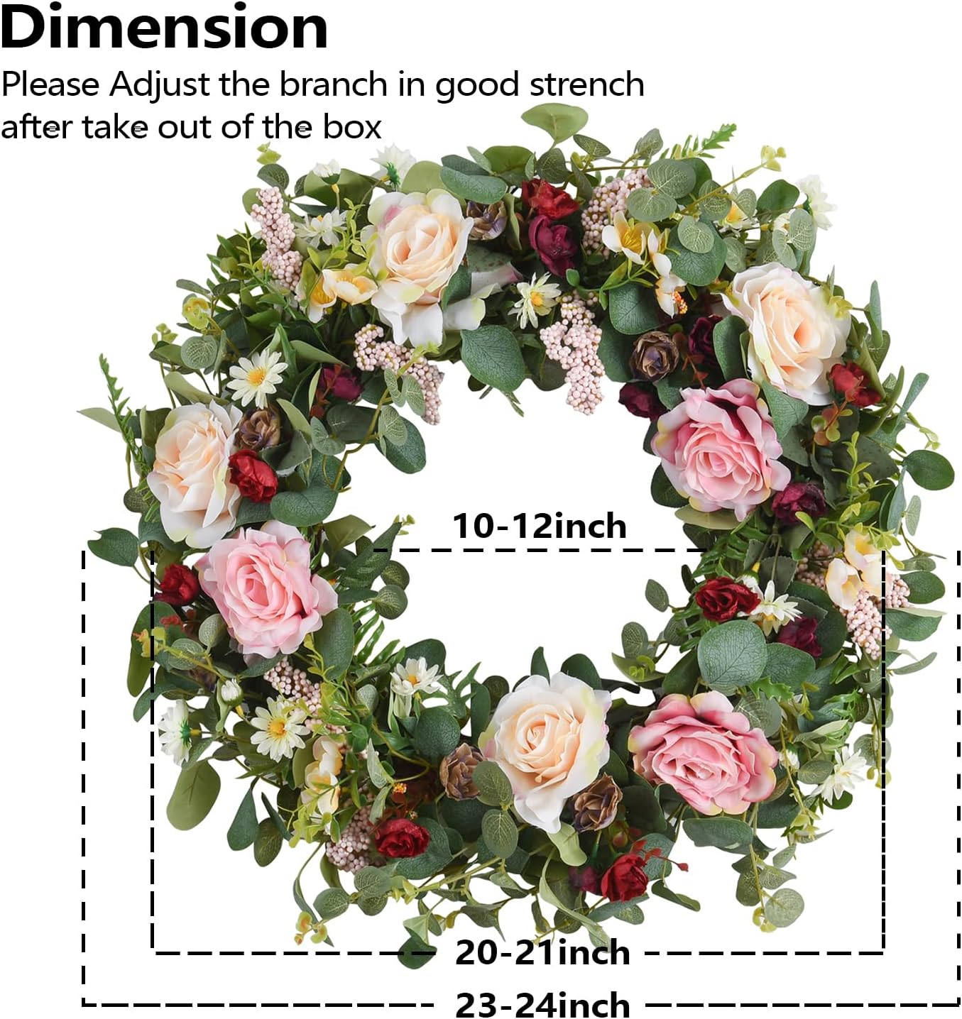 WANNA-CUL 24 Inch Spring Rose Wreath for Front Door