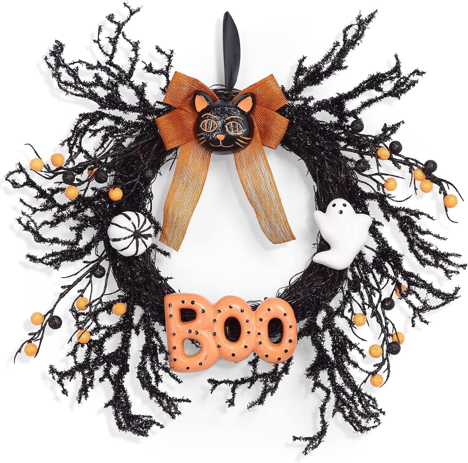 Adeeing 18 Inch Halloween Wreath with Black Cat and Boo Sign