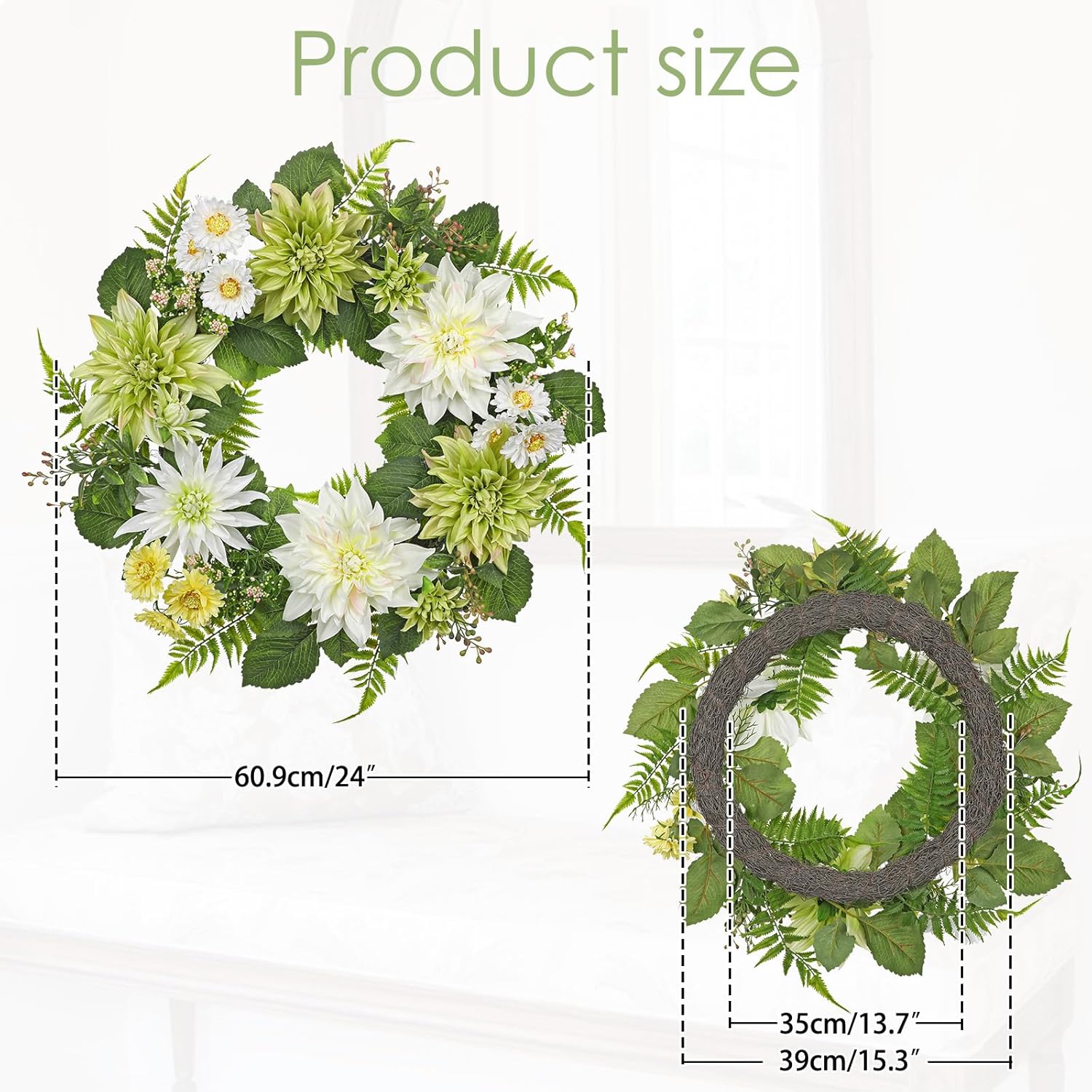 Briful 24 Inch Artificial Dahlia Wreath for Front Door