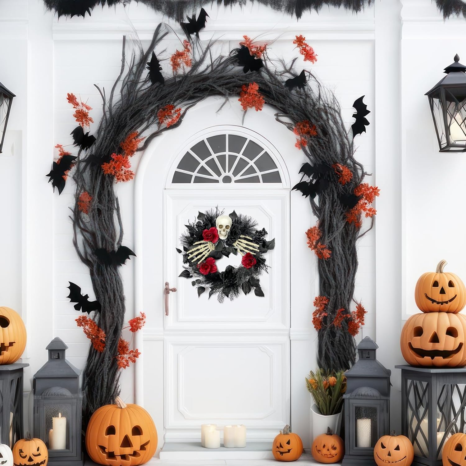 Gothic Halloween Skull Wreath with Hands and Roses