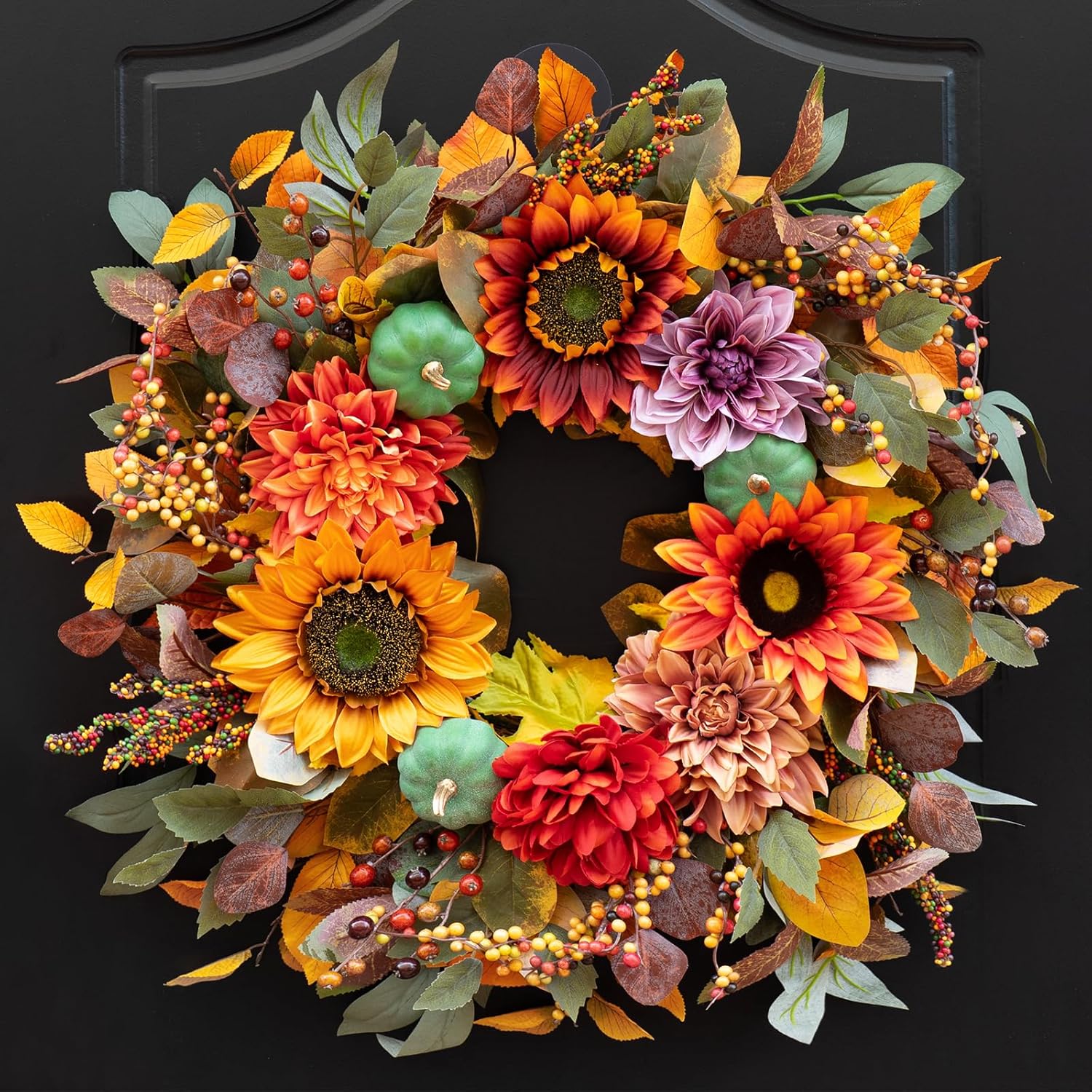 24 Inch Autumn Front Door Wreath with Pumpkins and Fall Leaves