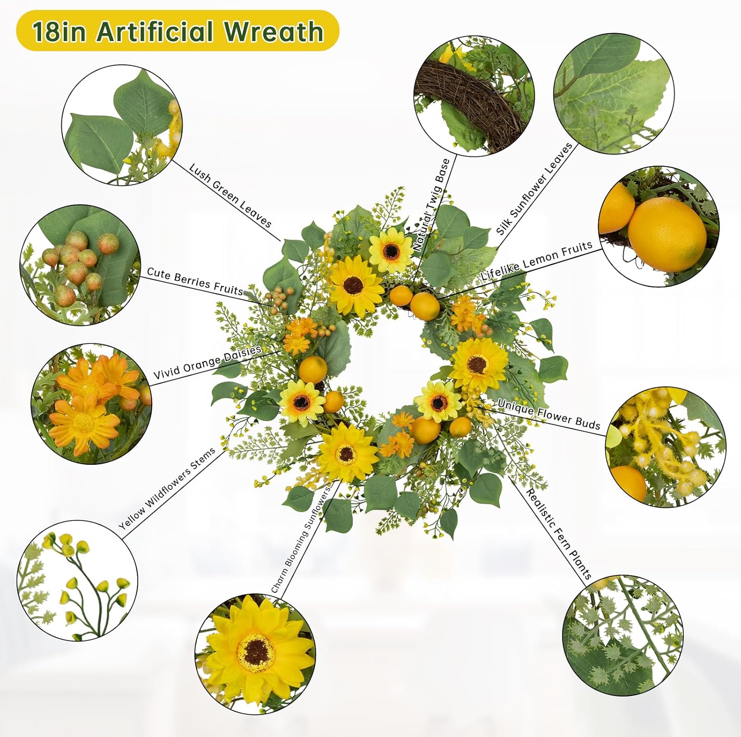 Lemon Sunflower Front Door Wreath 20 Inch Spring Decor