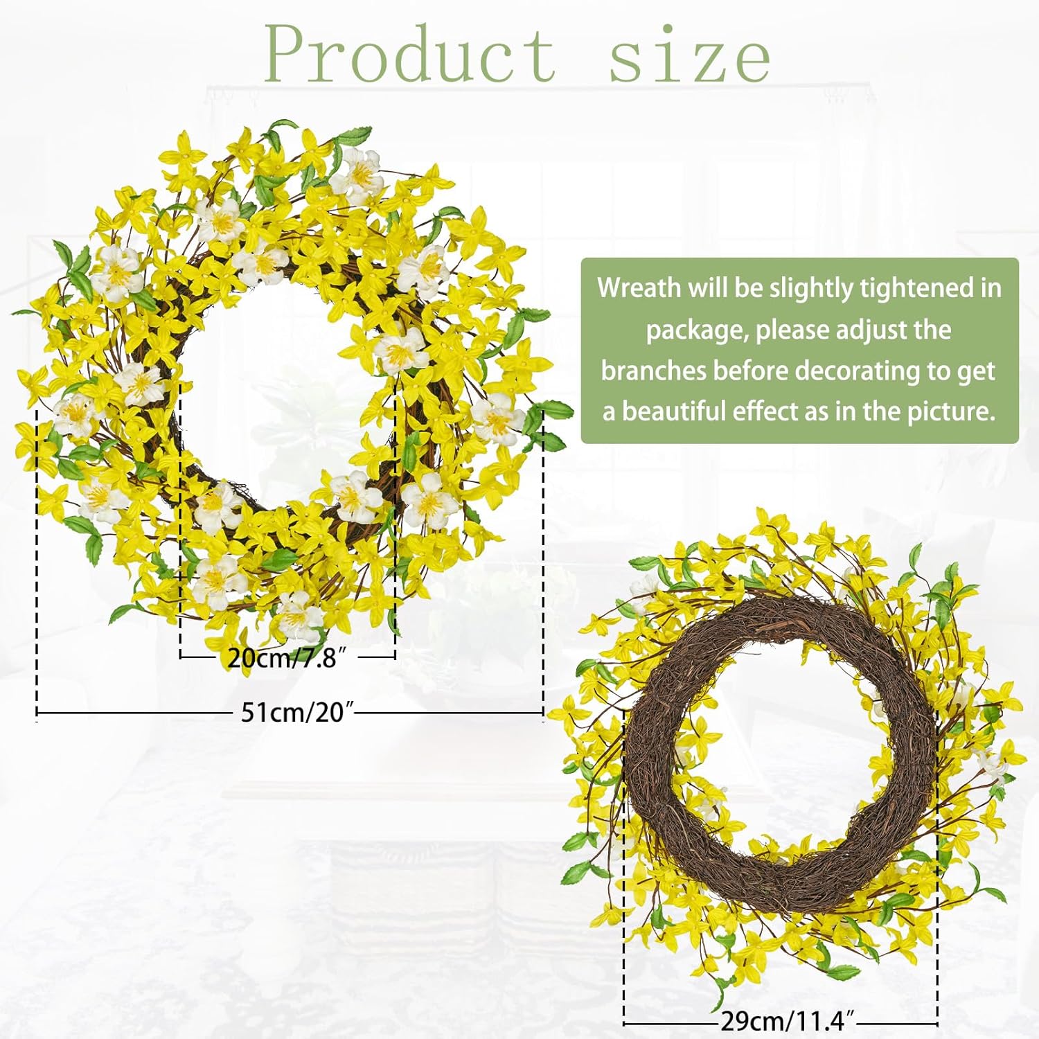 DILATATA 20 Inch Artificial Forsythia Wreath with Daisy