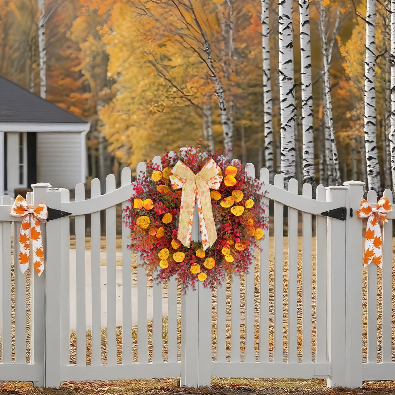 CYANBLOOM 24 Inch Fall Wreath with Maple Bow