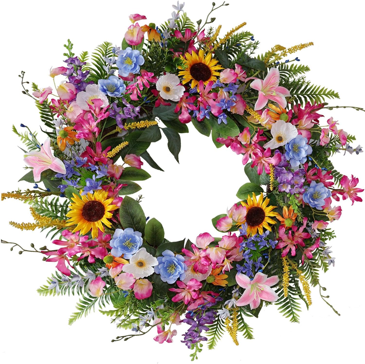 Elegant 24-26 Inch Floral Wreath with Sunflowers and Lily