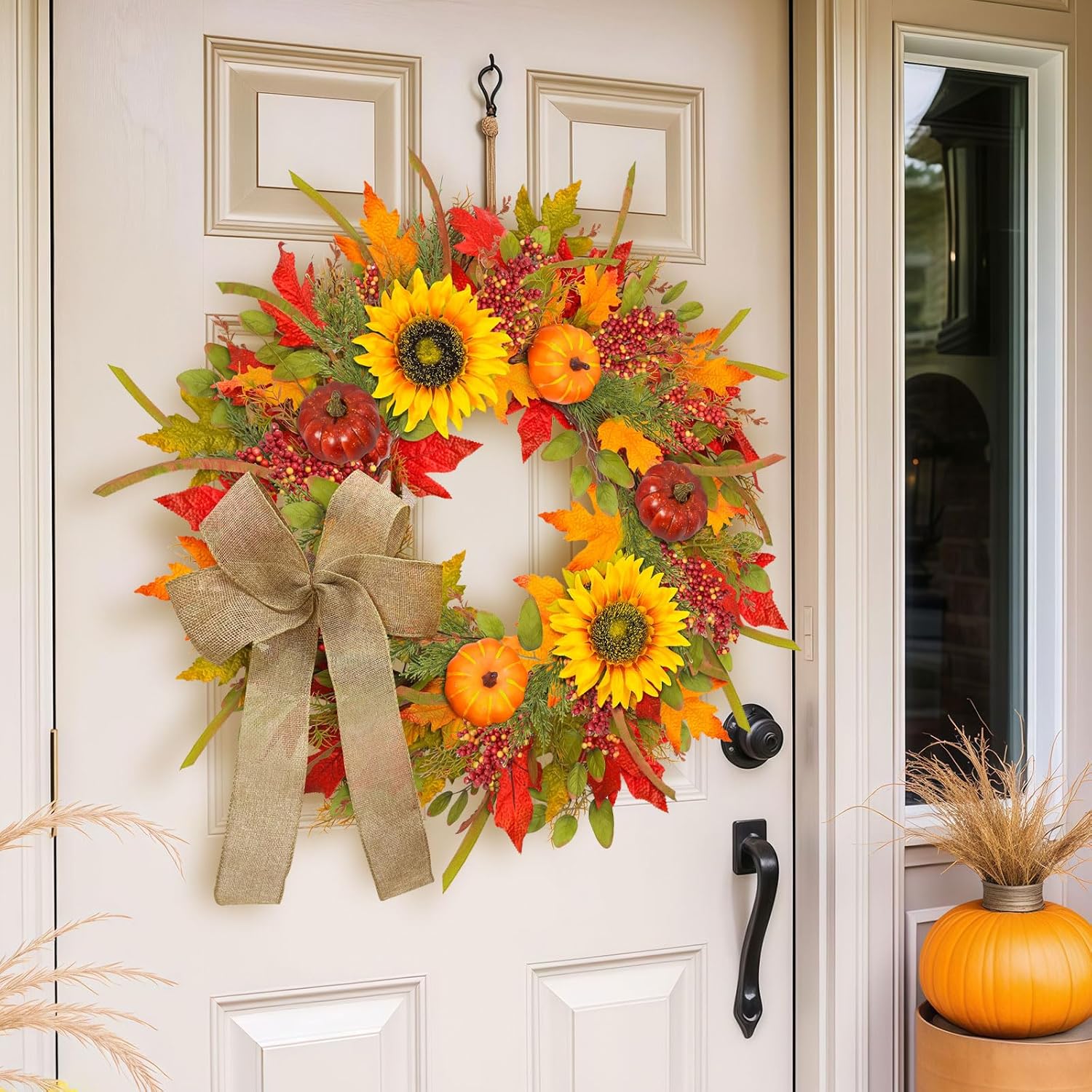Fall Wreath with Lights and Pumpkins for Front Door