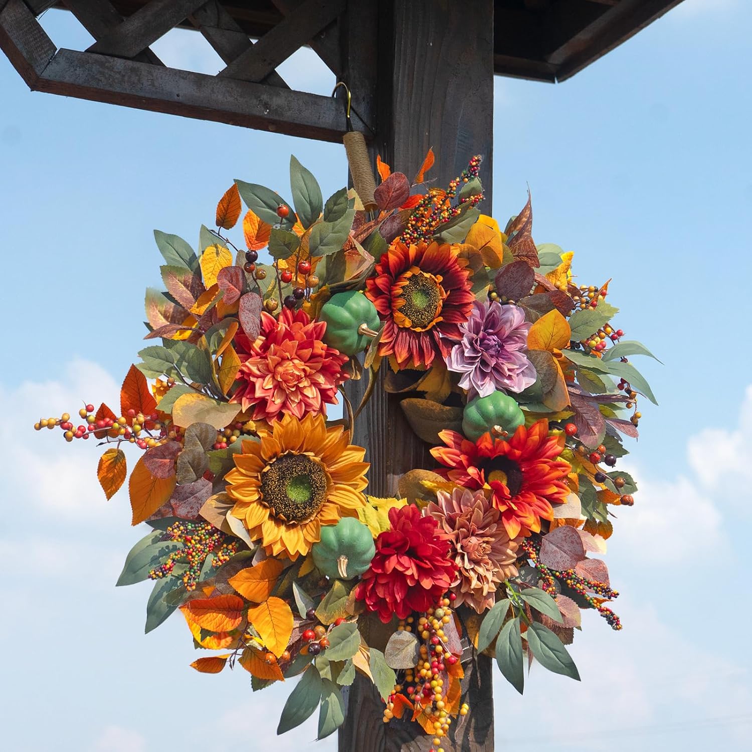 24 Inch Autumn Front Door Wreath with Pumpkins and Fall Leaves