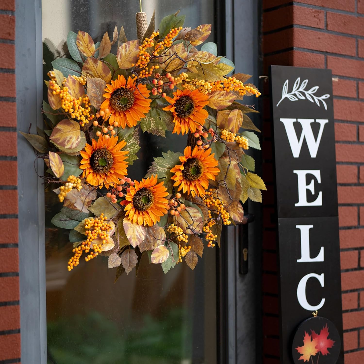 Autumn Door Wreath with Sunflowers and Leaves