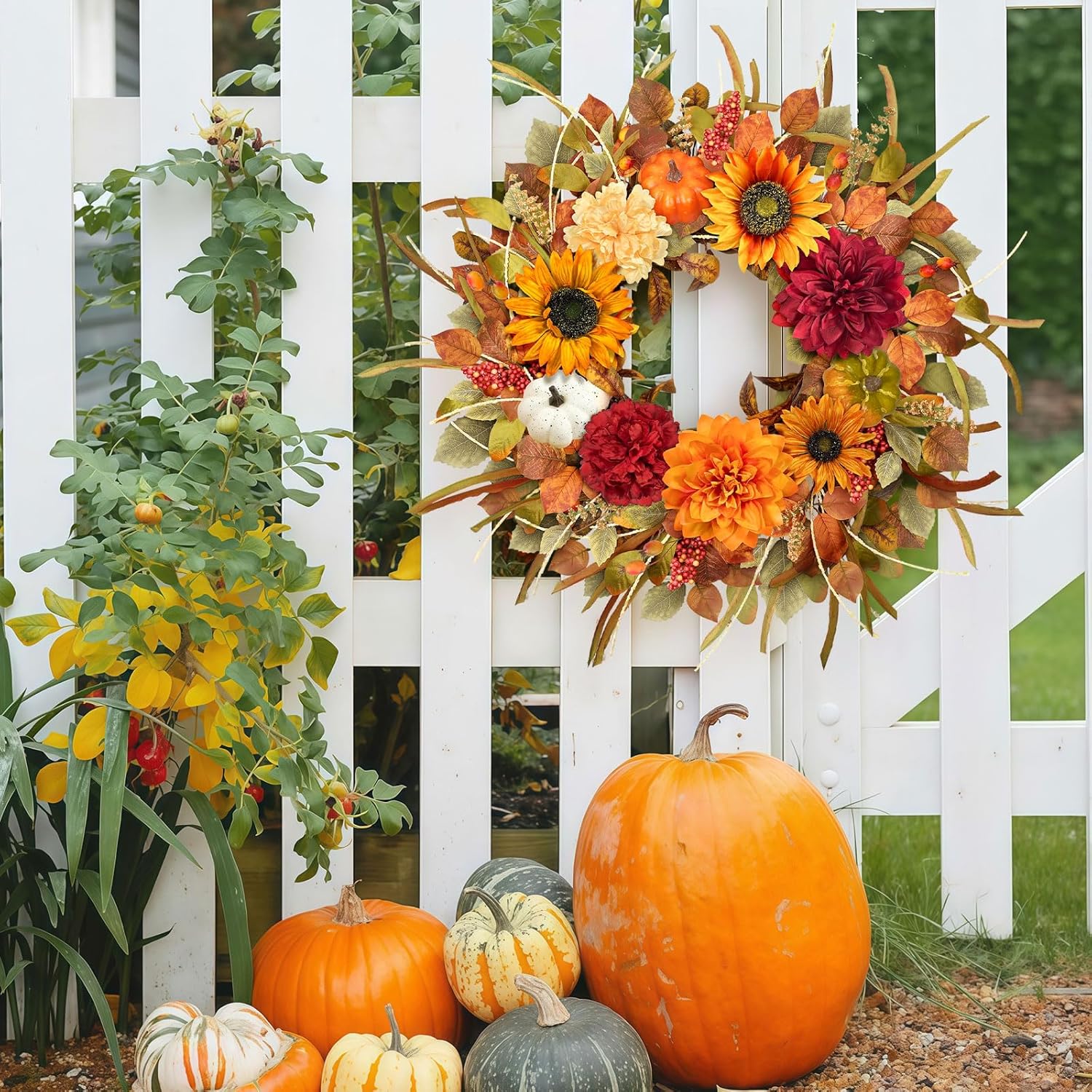 Fall Door Wreath with Sunflowers and Pumpkins