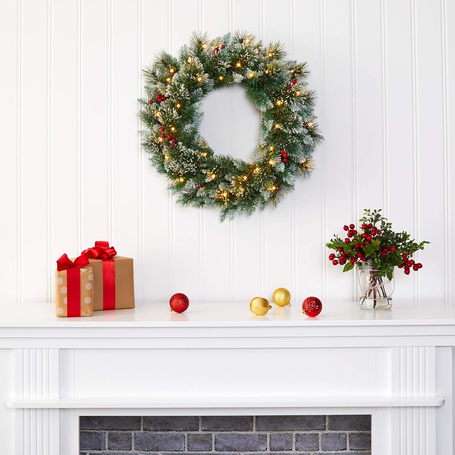Nearly Natural 24-Inch Frosted Wreath with LED Lights and Berries