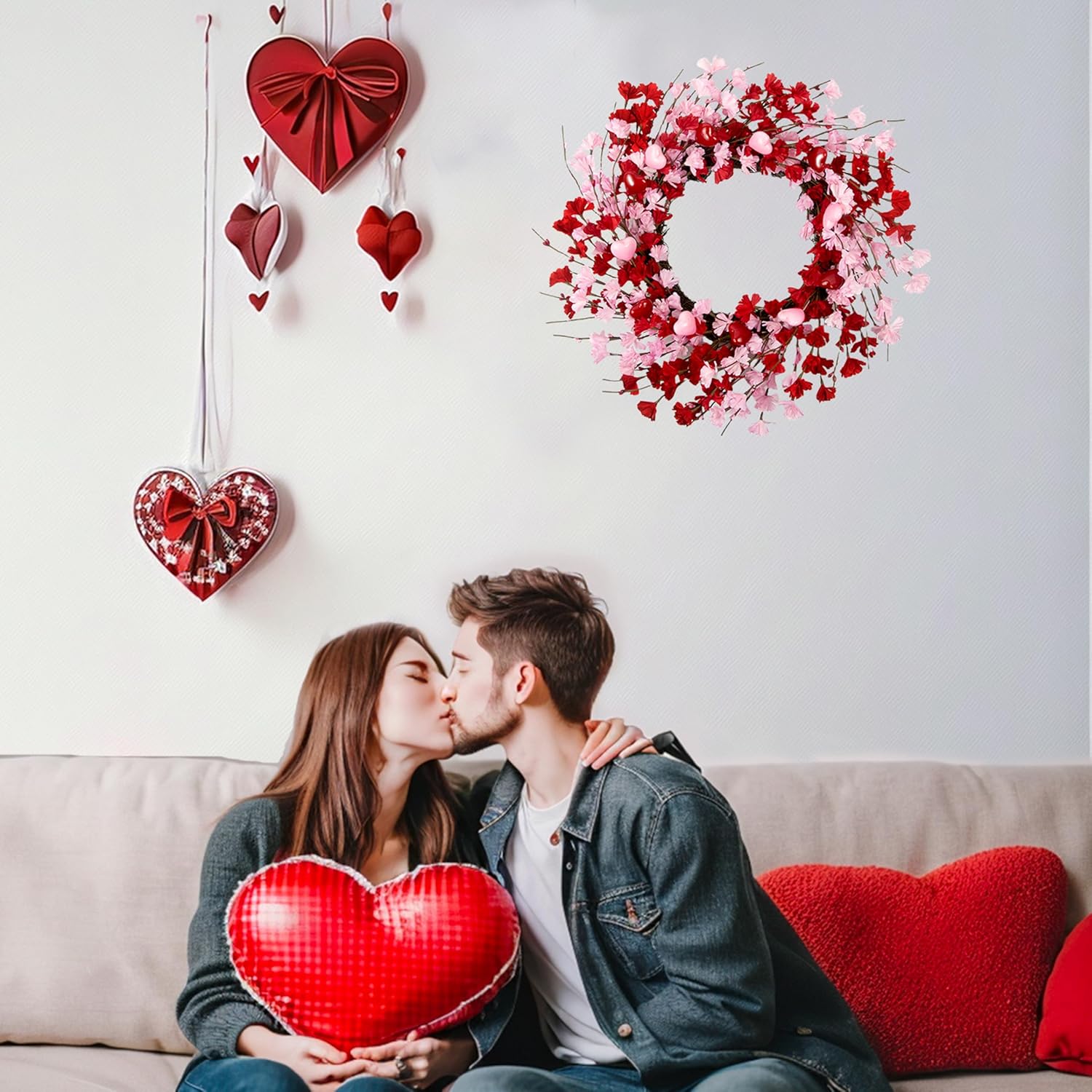 20 Inch Valentine Wreath with Red Berries and Pink Heart Flowers