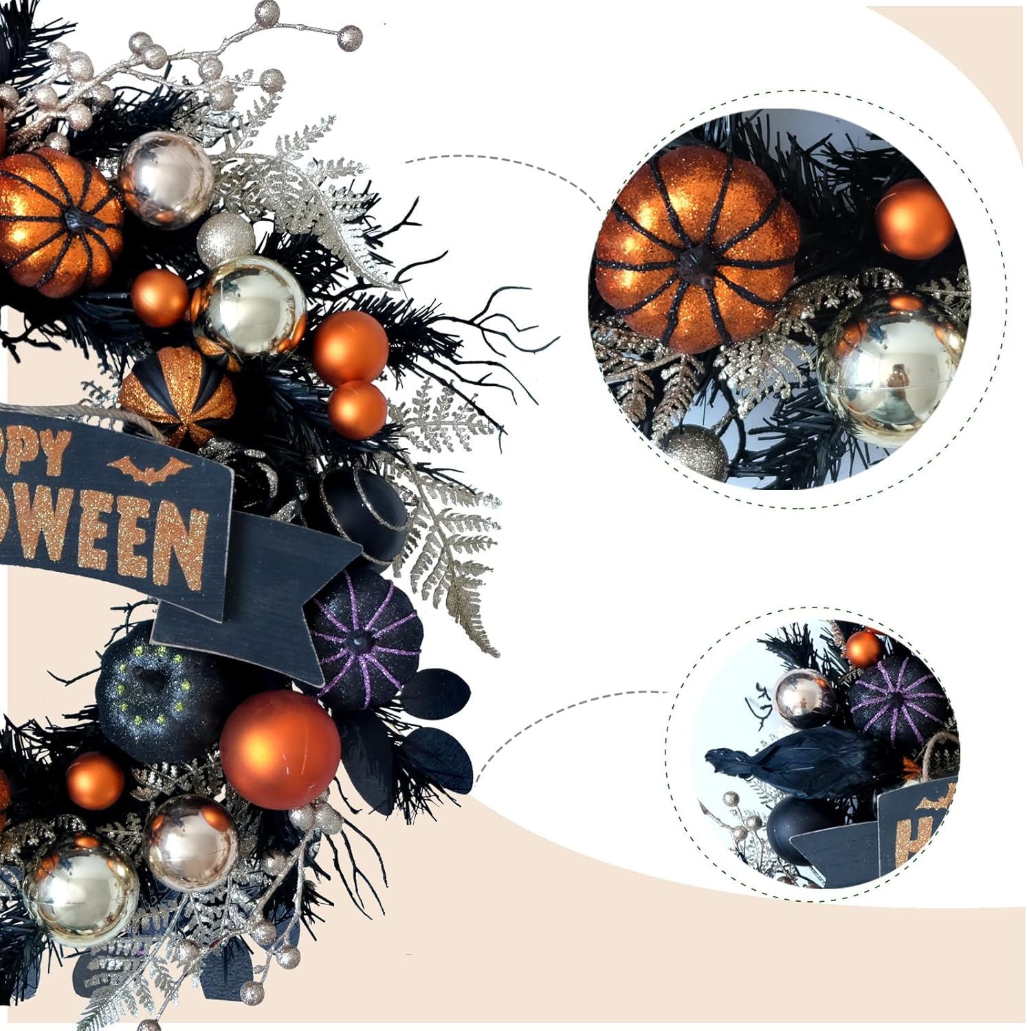 Halloween Glitter Pumpkin Wreath with Balls Berries and Black Roses