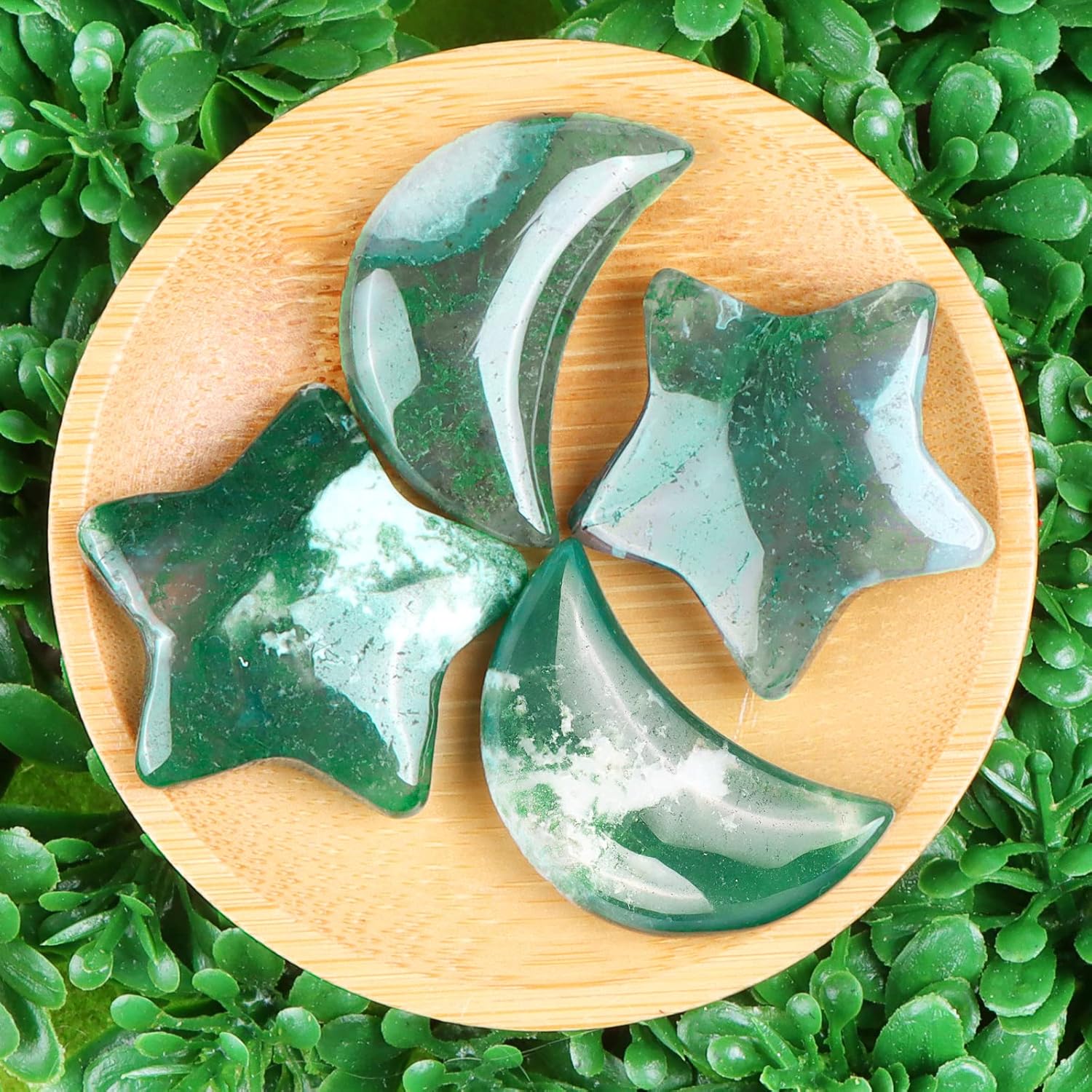 SMQ Moon Star Moss Agate Worry Stone Healing Crystal Set