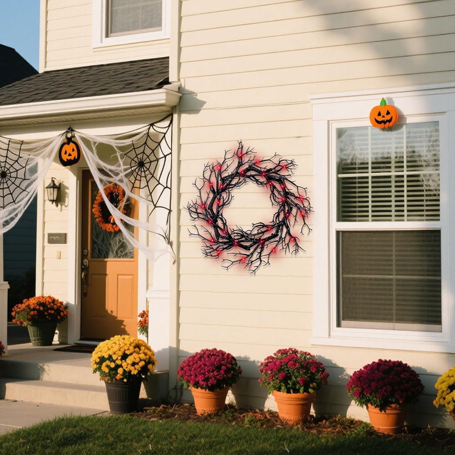 Halloween Black Branch Wreath with Lights