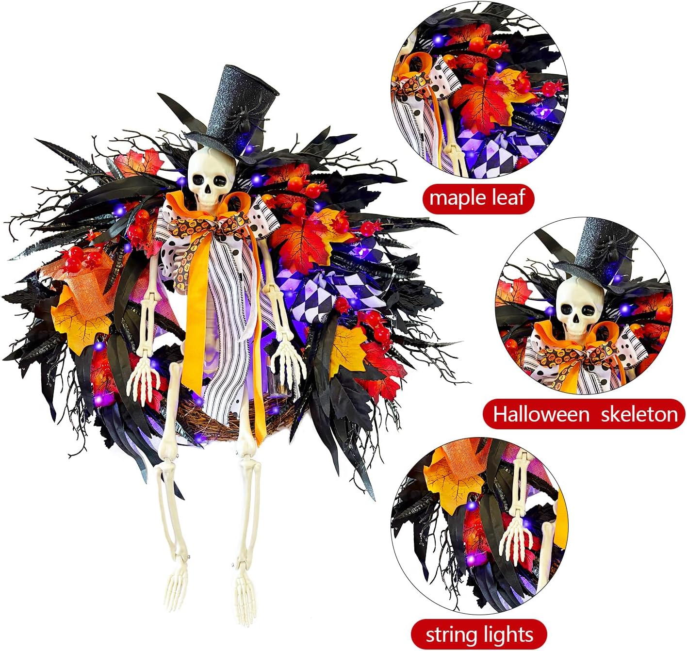 Gothic Skeleton Wreath with Lights 28 Inch Halloween Decor