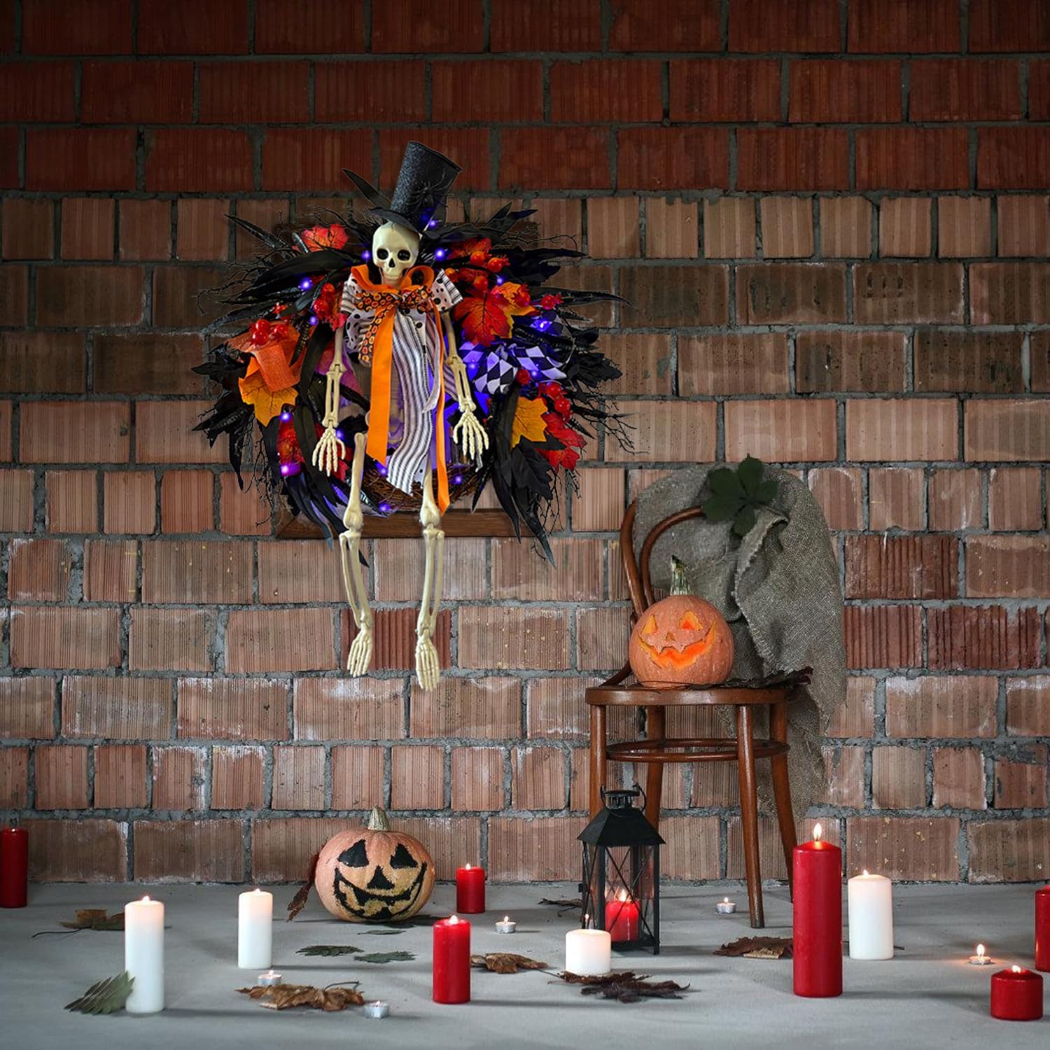 Gothic Skeleton Wreath with Lights 28 Inch Halloween Decor