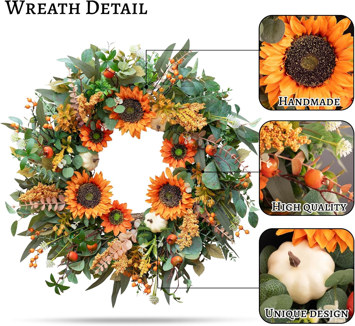 24-Inch Fall Door Wreath with Sunflowers Pumpkins Boxwood Eucalyptus Berries