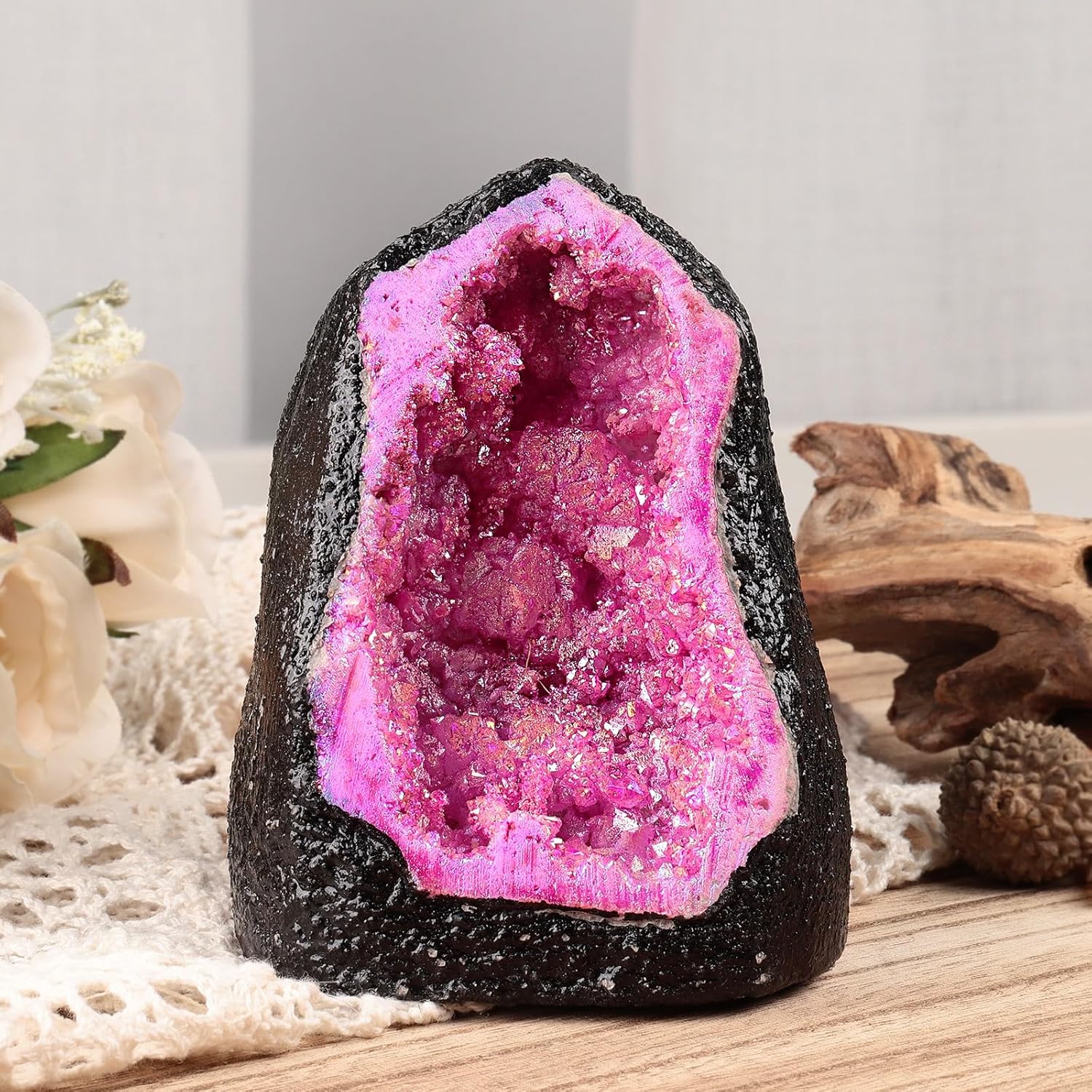 TUMBEELLUWA Large Fuchsia Titanium Coated Crystal Geode Stone Decor