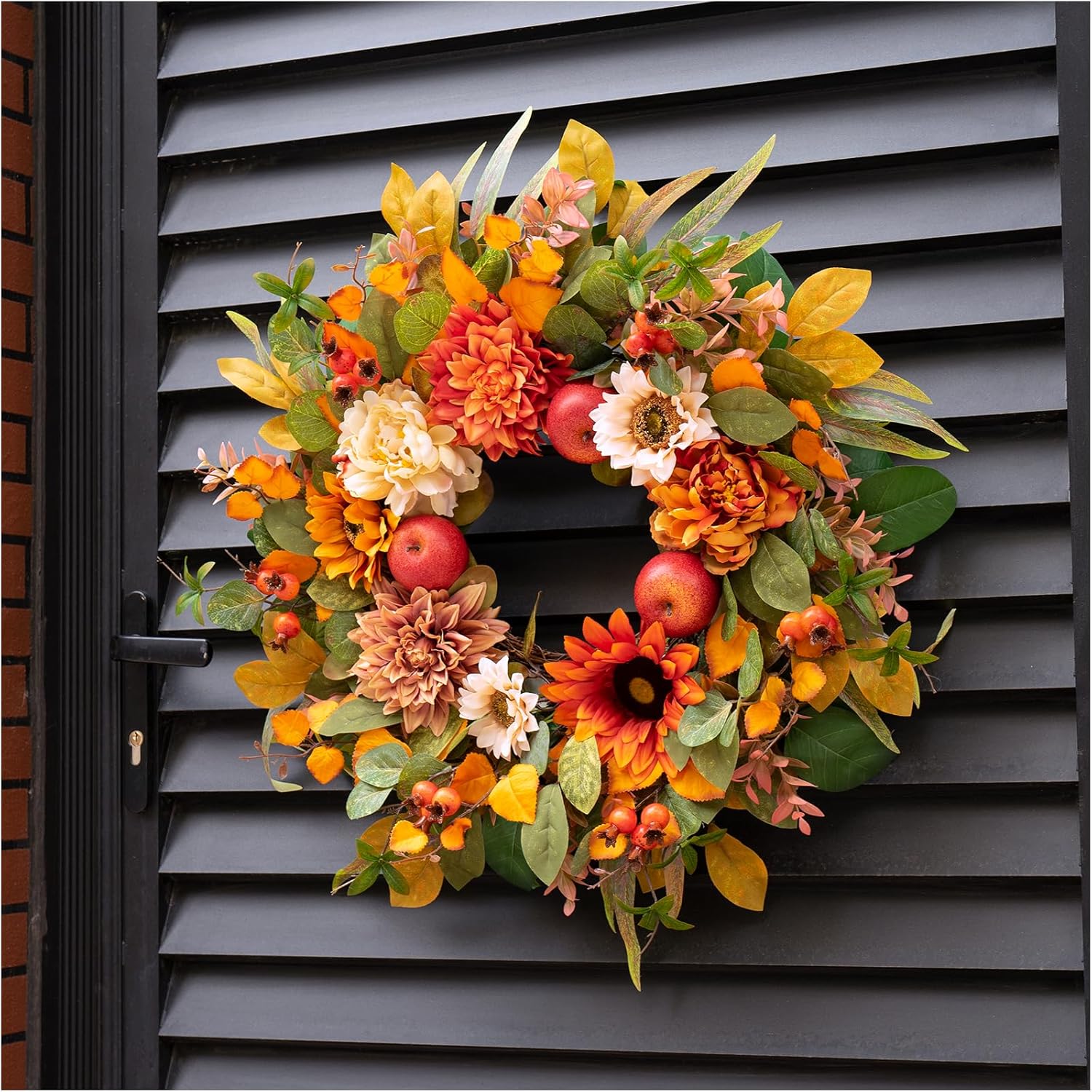 24 Inch Fall Wreath with Artificial Apples Dahlias and Sunflowers
