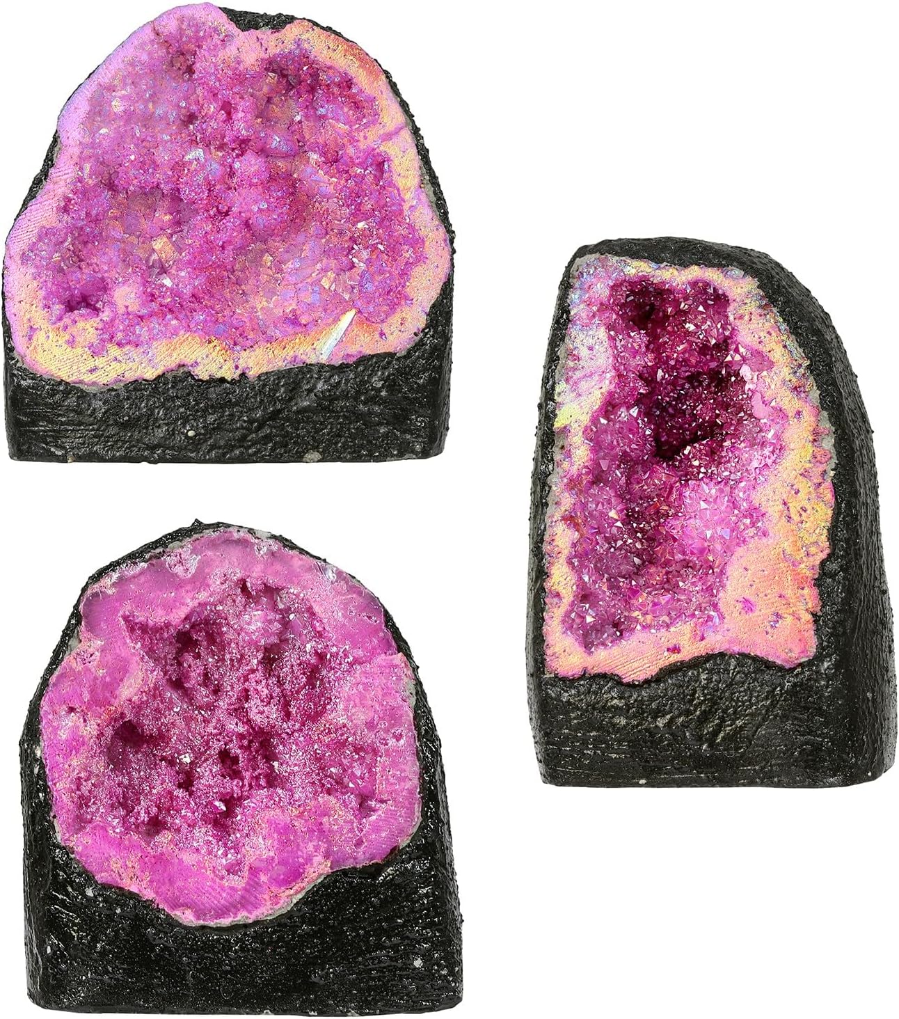TUMBEELLUWA Large Fuchsia Titanium Coated Crystal Geode Stone Decor