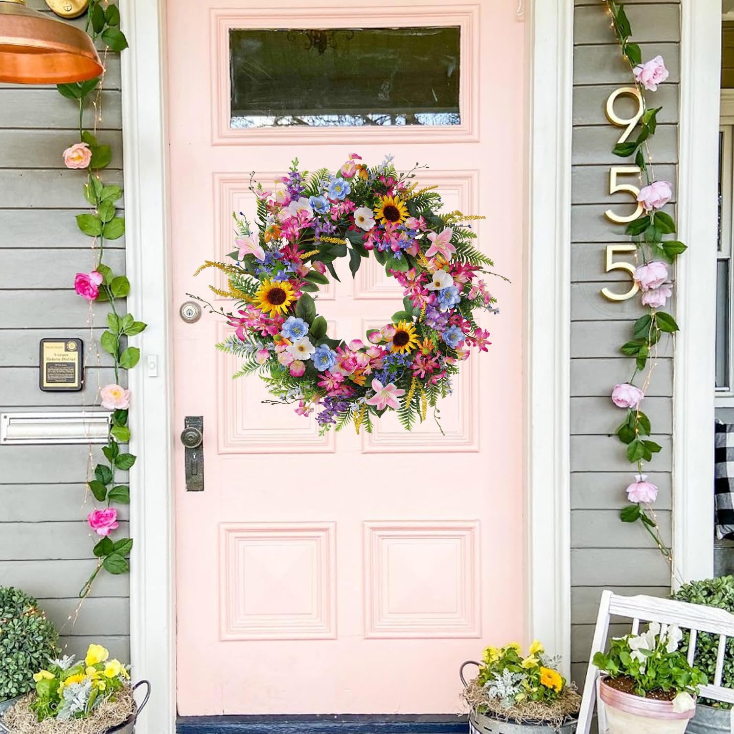 Elegant 24-26 Inch Floral Wreath with Sunflowers and Lily