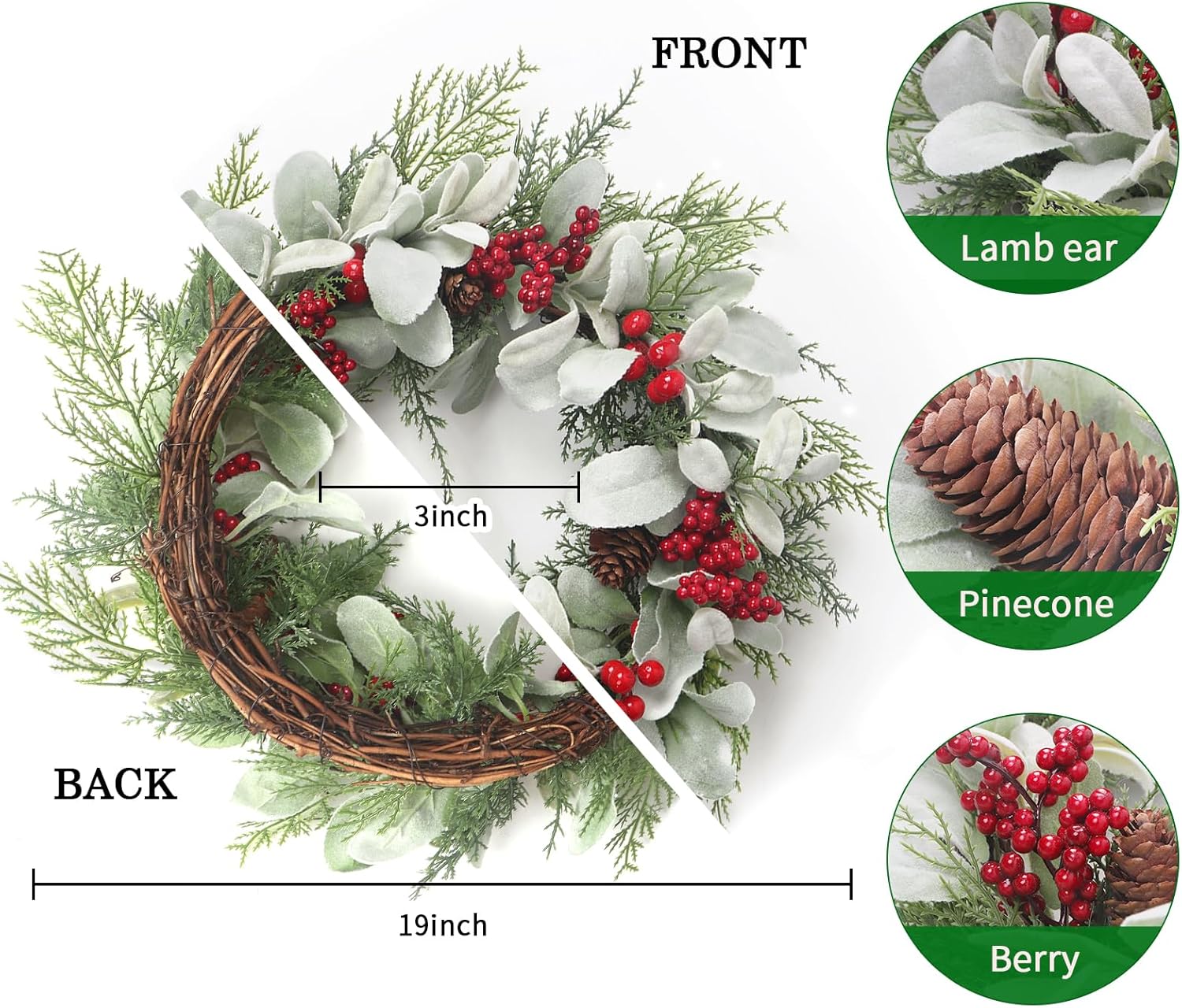 Kmise 19 Inch Artificial Christmas Wreath with Red Berries and Pinecones