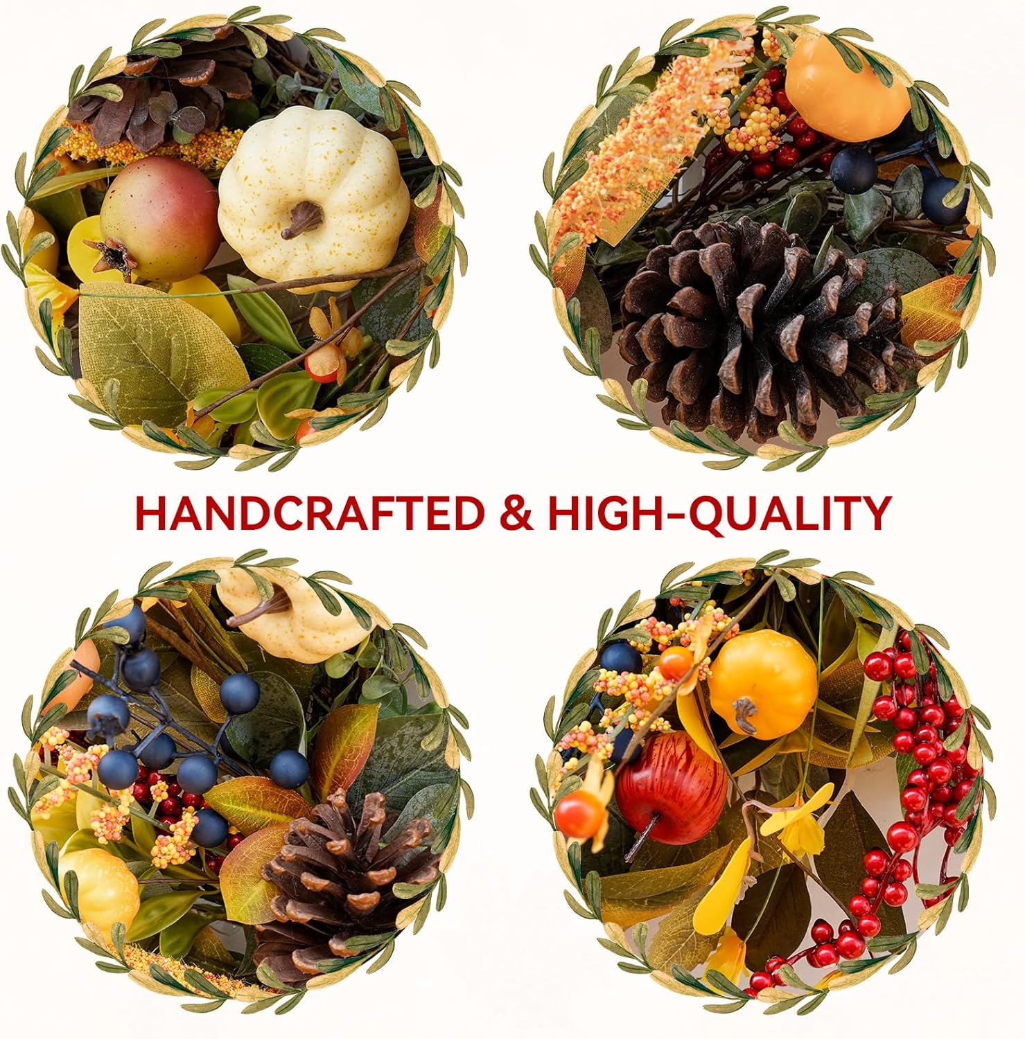 Fall Wreath 24 Inch with Yellow White Pumpkins Red Berries Eucalyptus Leaves Pinecones