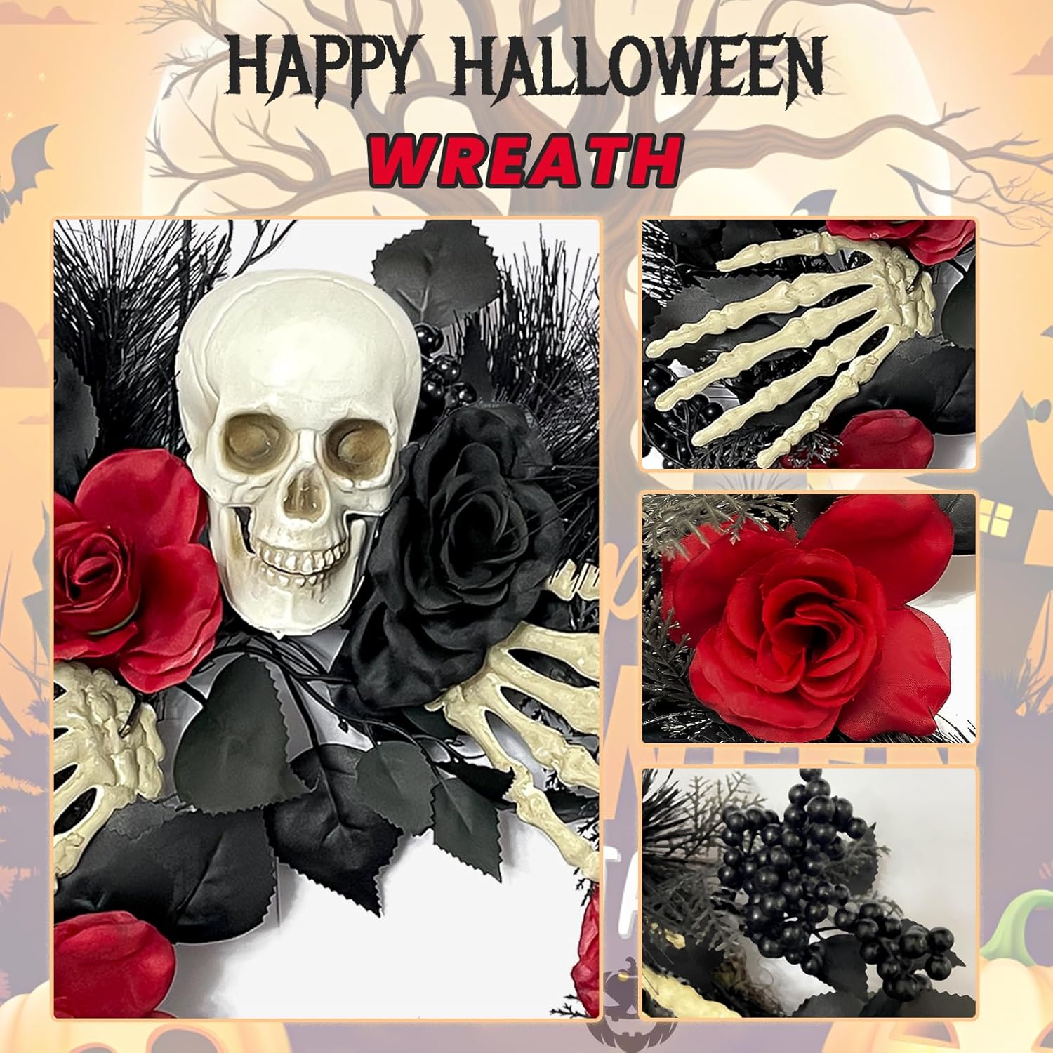 Gothic Halloween Skull Wreath with Hands and Roses