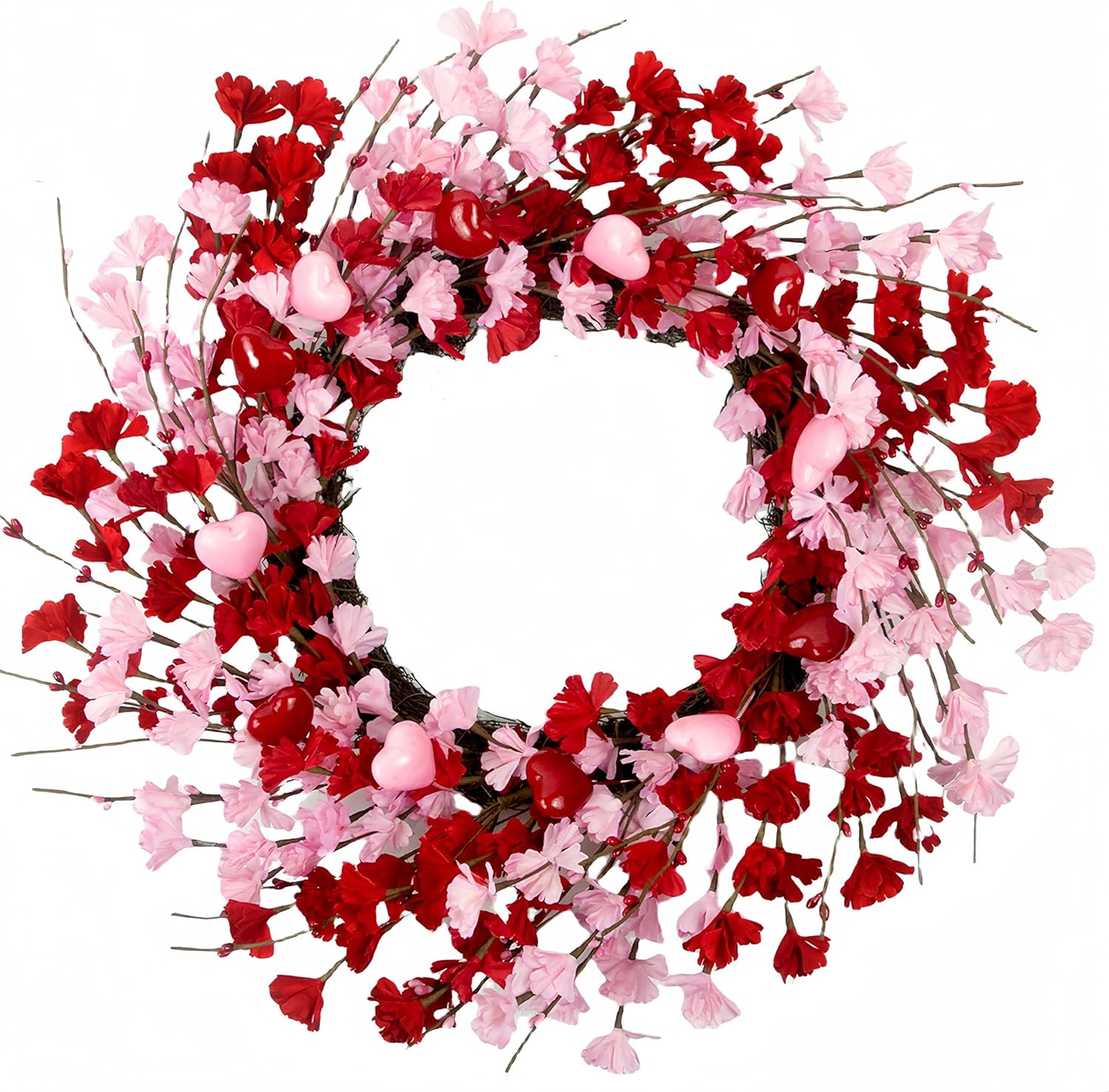 20 Inch Valentine Wreath with Red Berries and Pink Heart Flowers