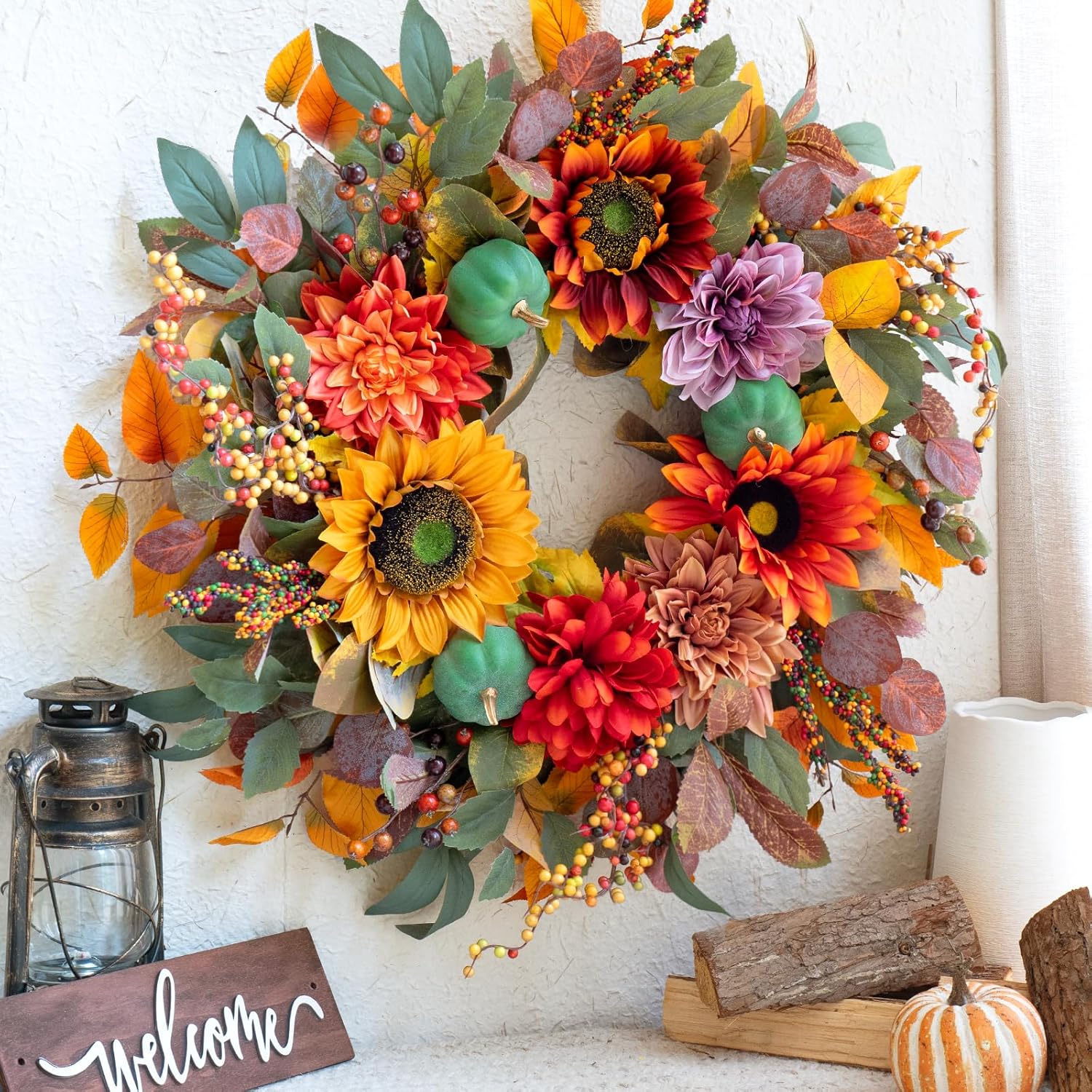 24 Inch Autumn Front Door Wreath with Pumpkins and Fall Leaves
