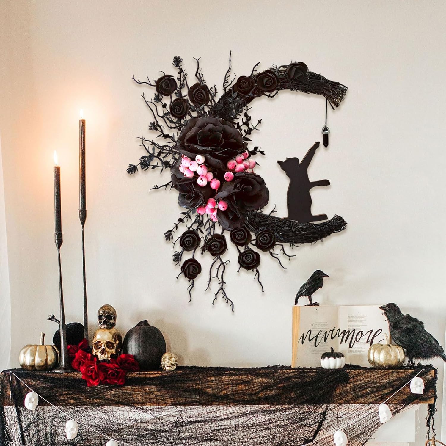 Spooky Halloween Wreath with Black Cat and Lights