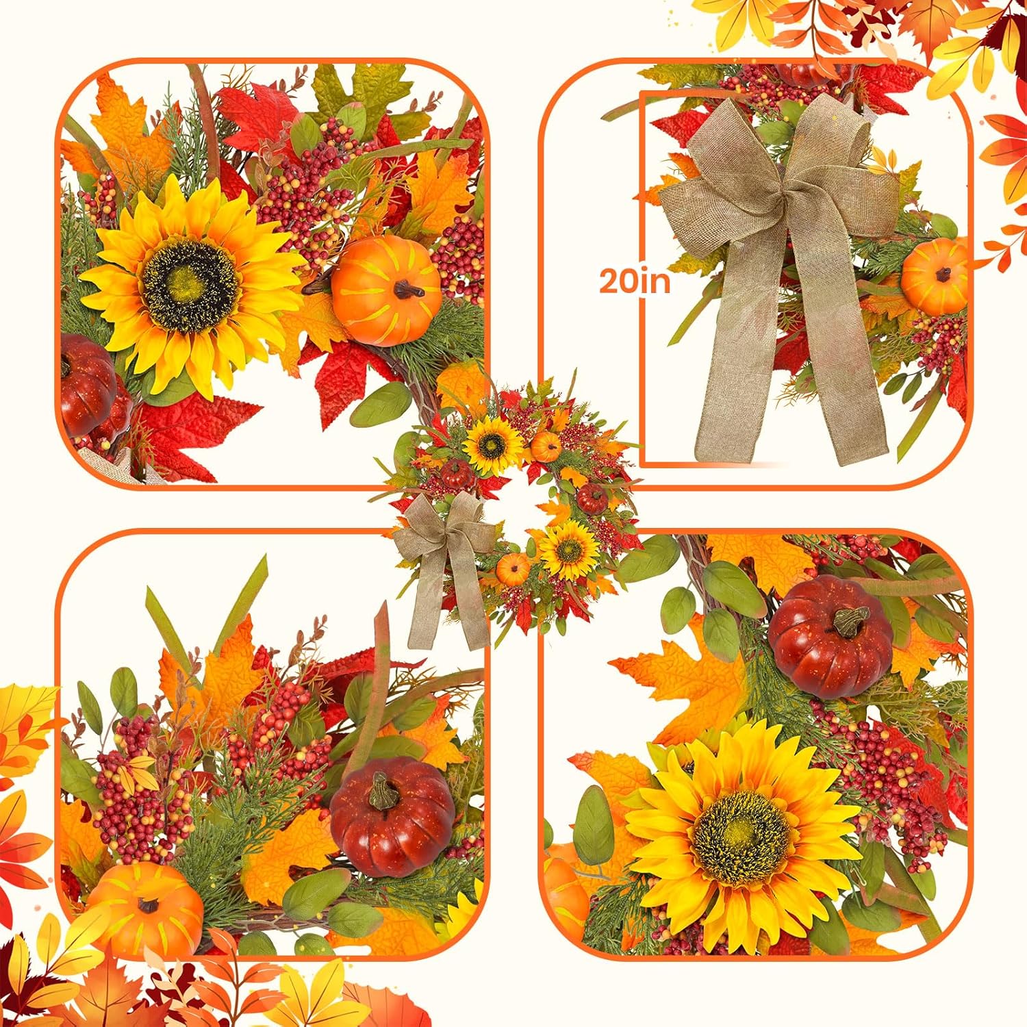 Fall Wreath with Lights and Pumpkins for Front Door