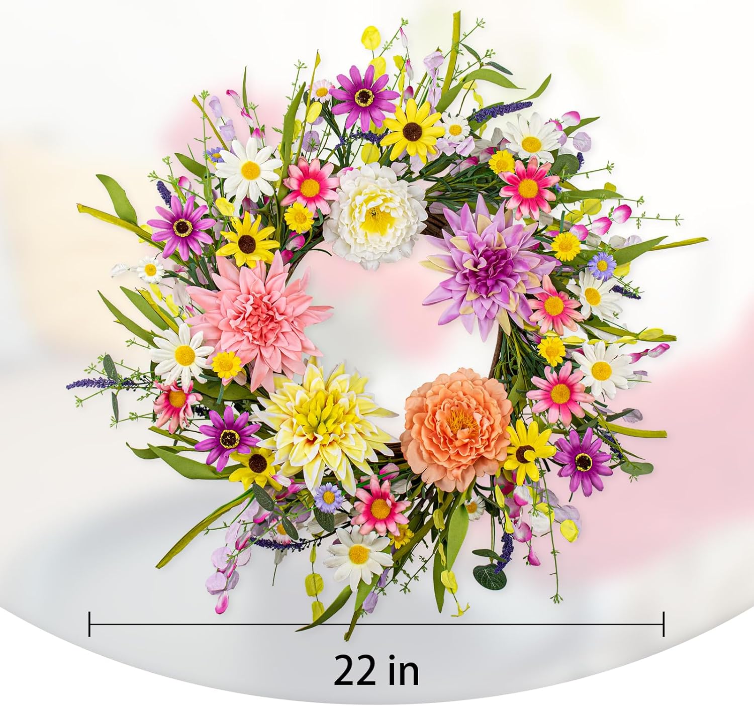Vibrant 22 Inch Spring Wreath with Dahlias and Daisies