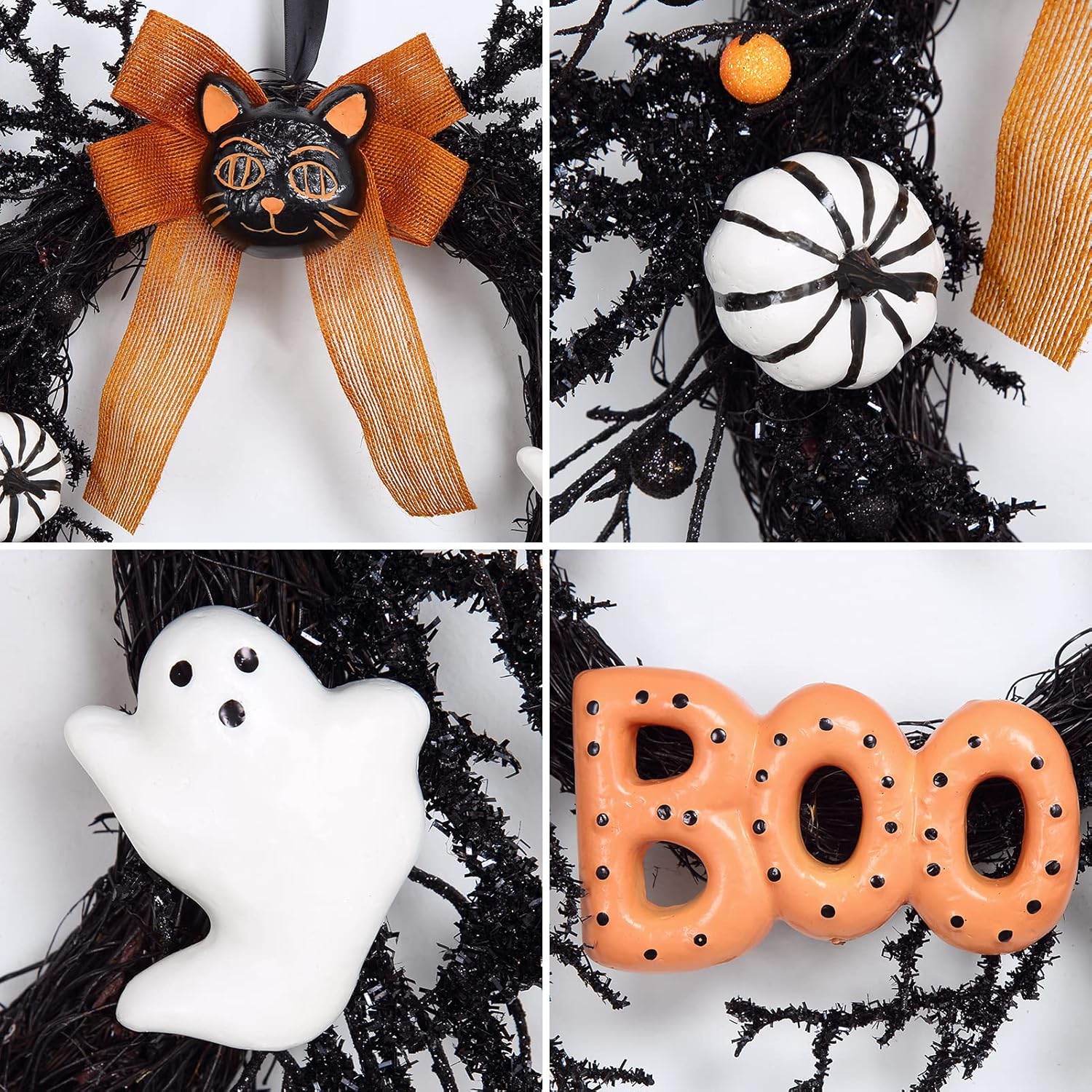 Adeeing 18 Inch Halloween Wreath with Black Cat and Boo Sign