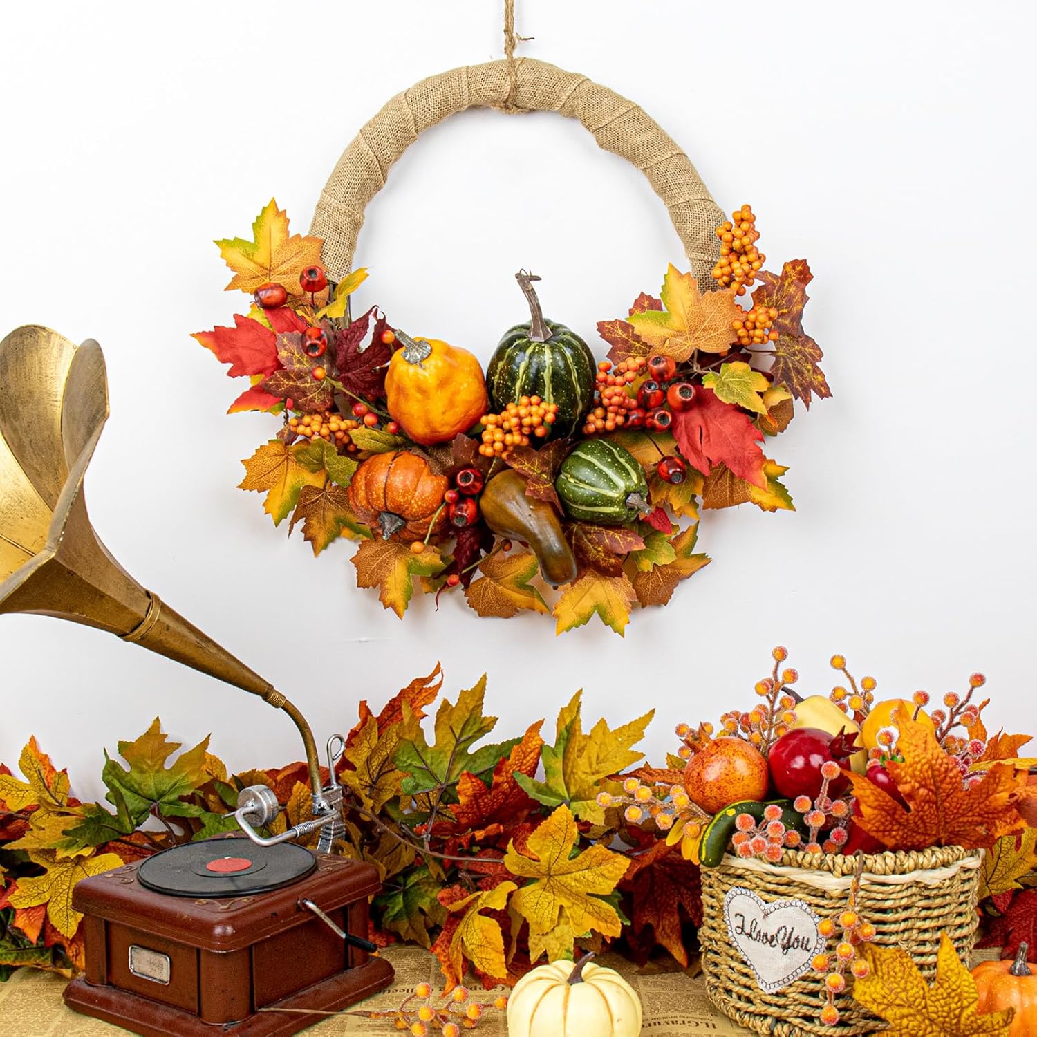 LLZLL 20 Inch Autumn Wreath with Pumpkins Berries Leaves