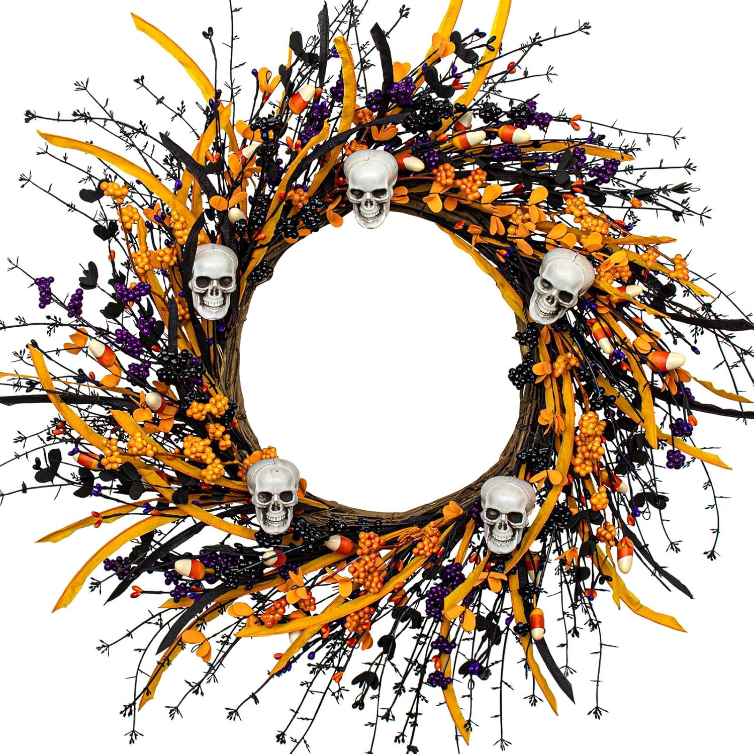 Spooky Halloween Wreath with Skulls and Berries