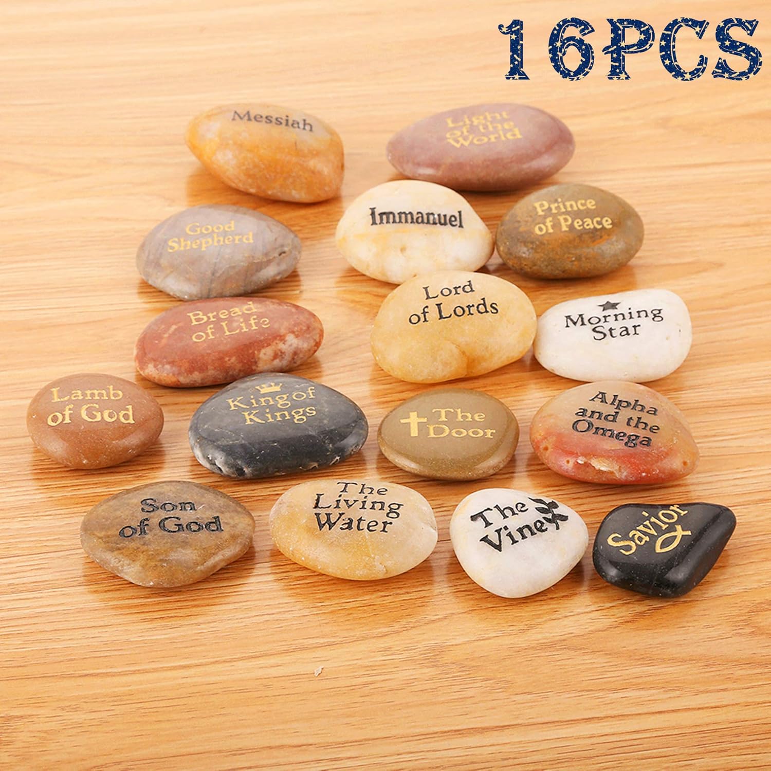 16PCS Engraved Names of Jesus Christ on Natural Stones