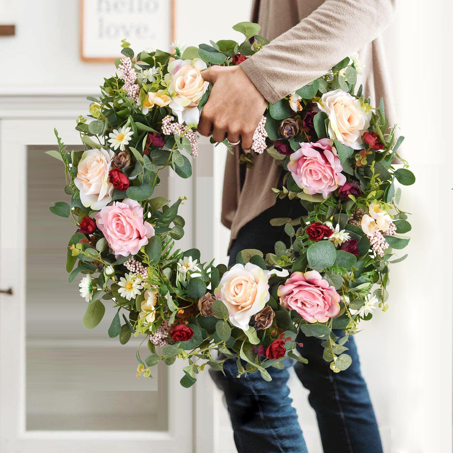 WANNA-CUL 24 Inch Spring Rose Wreath for Front Door