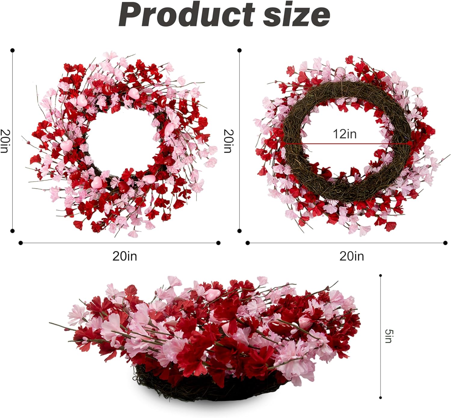 20 Inch Valentine Wreath with Red Berries and Pink Heart Flowers