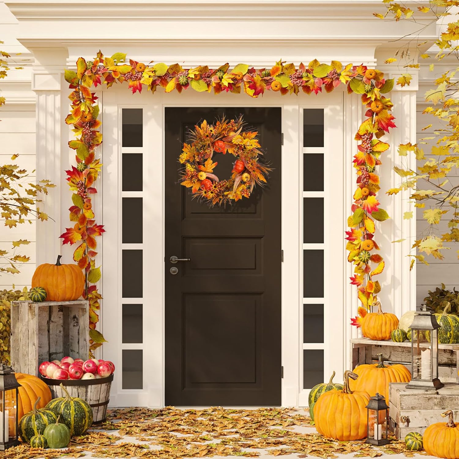 19 Inch Artificial Fall Wreath with Pumpkins and Maple Leaves