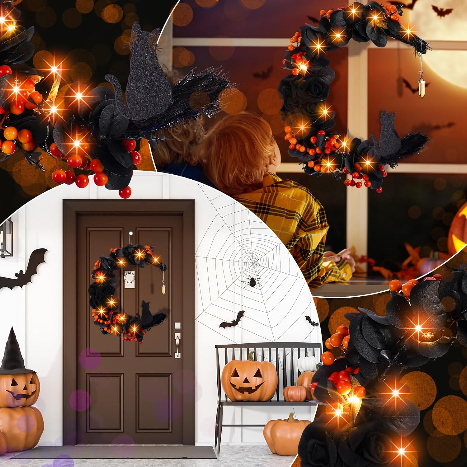 Ceenna Halloween Moon Wreath with Black Roses and Orange Berries