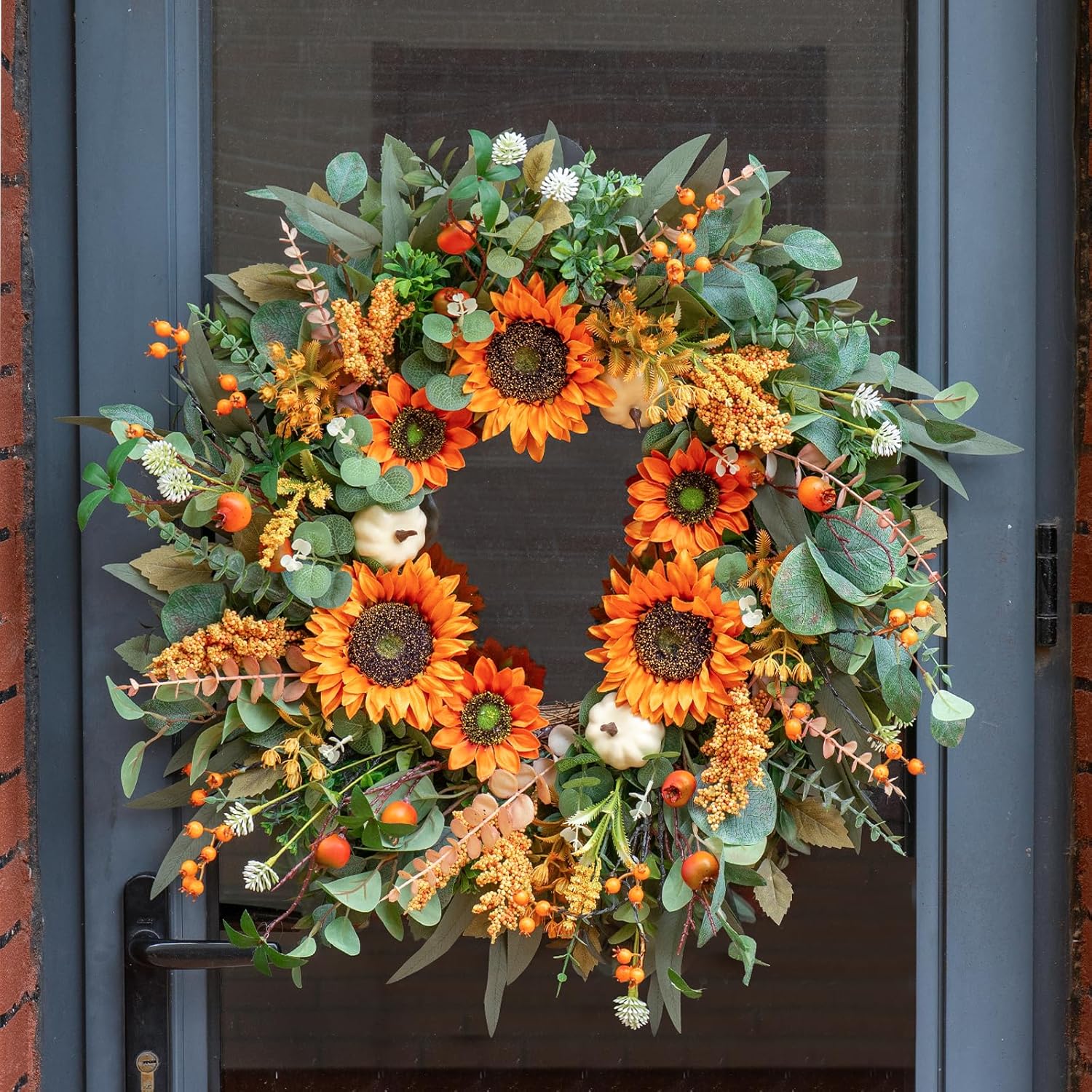 24-Inch Fall Door Wreath with Sunflowers Pumpkins Boxwood Eucalyptus Berries